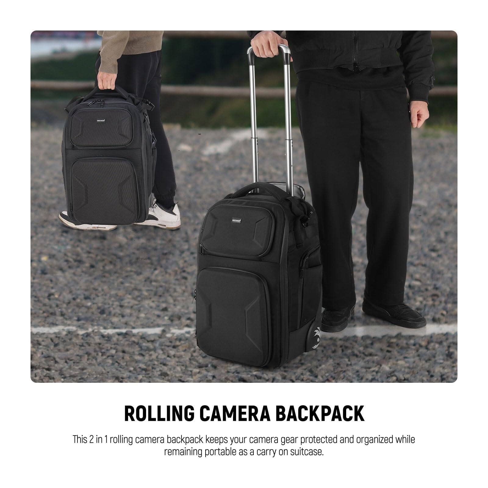 ROLLING CAMERA BACKPACK

This 2 in 1 rolling camera backpack keeps your camera gear protected and organized while remaining portable as a carry on suitcase.