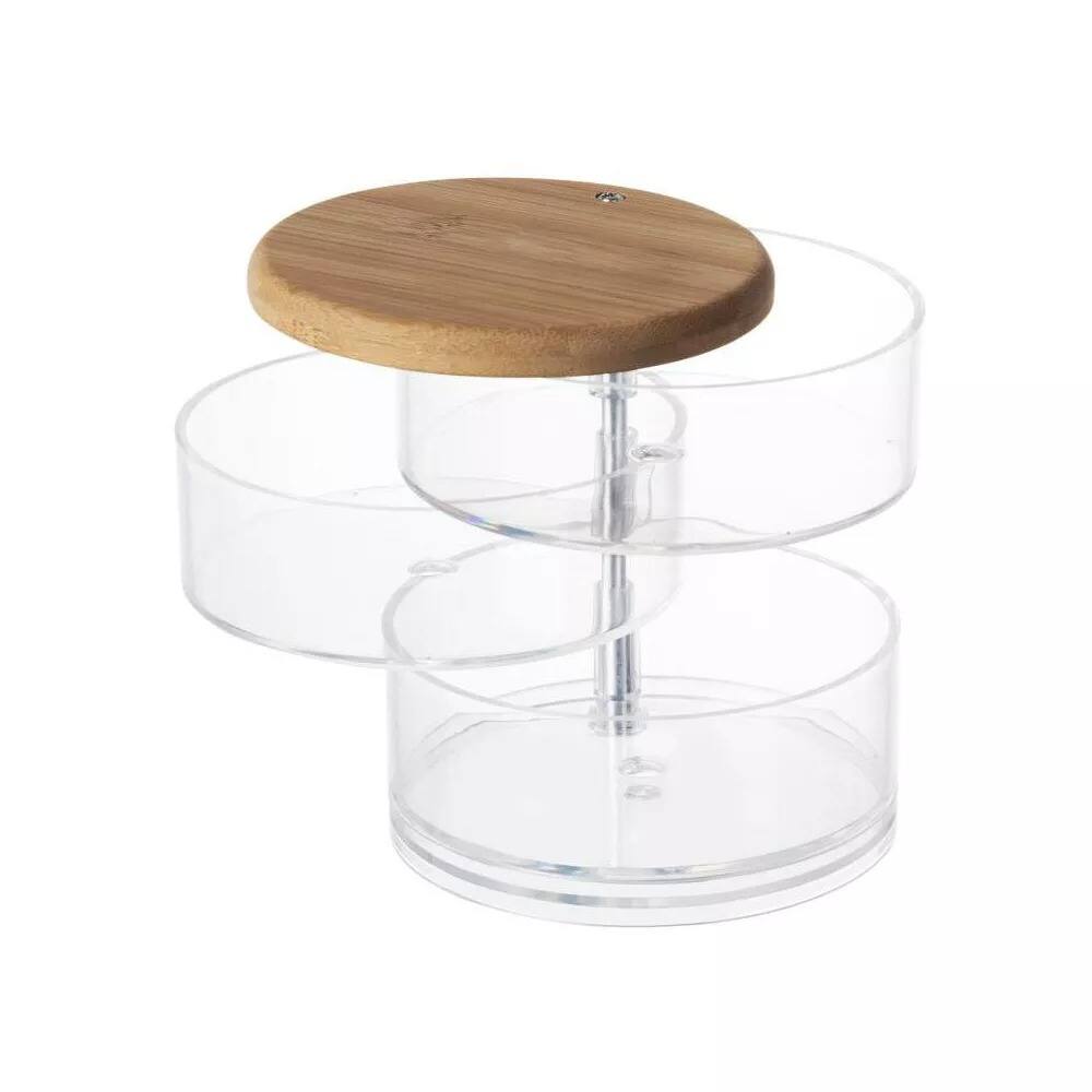 Back. Elle - Acrylic Makeup Organizer with Bamboo Lid Clear 3Tier Rotating Jewelry Holder Nonslip 360° Storage Tray Bathroom & Vanity - Clear/Natural Bamboo.