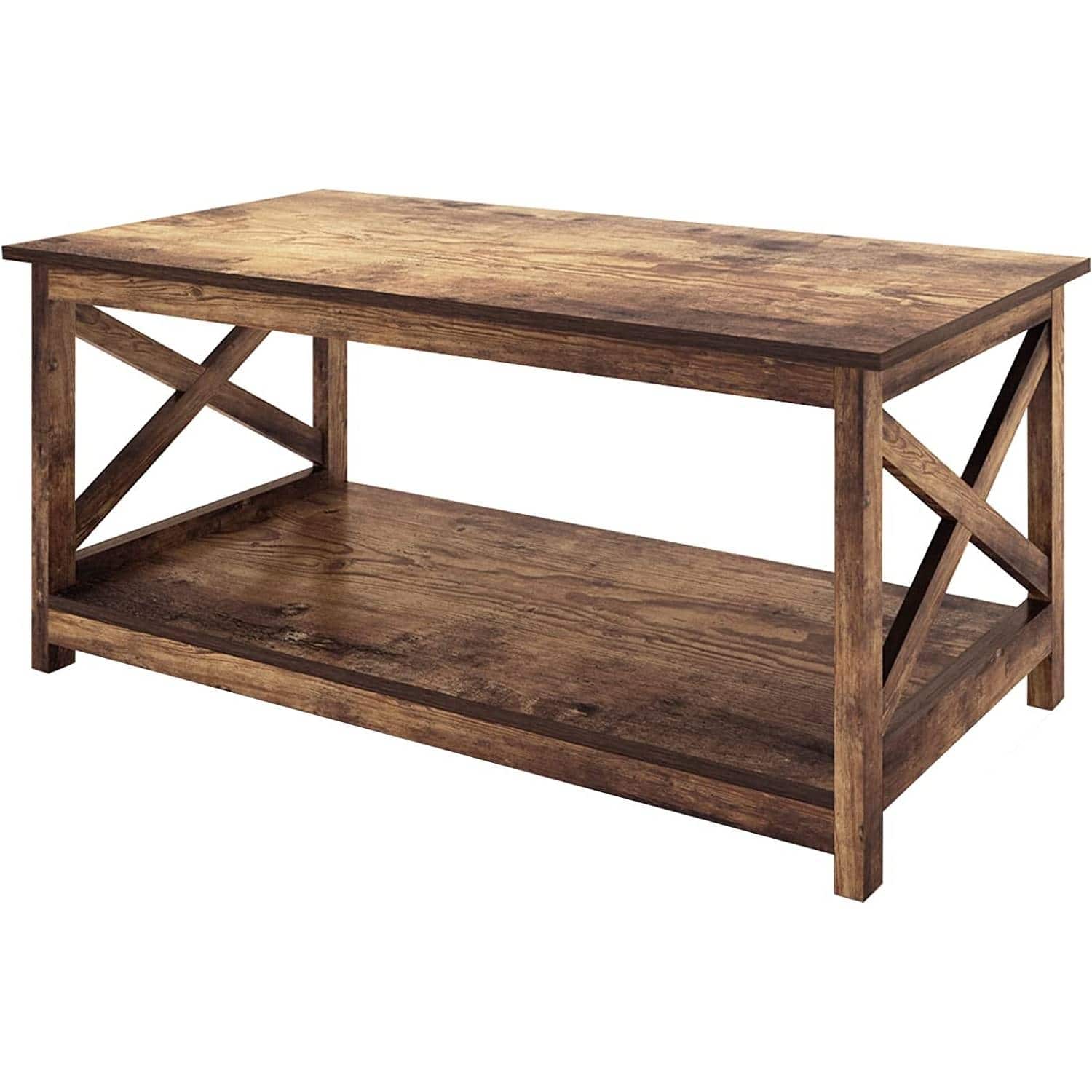 SlickBlue - Modern 2-Tier Farmhouse Coffee Table with Wooden Shelves - Rustic Wood