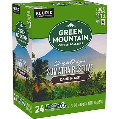 KEURIG  
100% ARABICA COFFEE  
GENUINE K-CUP PODS  

GREEN MOUNTAIN COFFEE ROASTERS  

Single Origin  
SUMATRA RESERVE  
DARK ROAST  

24 RECYCLABLE K-CUP PODS  
24 - 0.43 OZ (11.4g)  
NET WT 9.6 OZ (273g)  

100% ARABICA  
RECYCLABLE K-CUP PODS