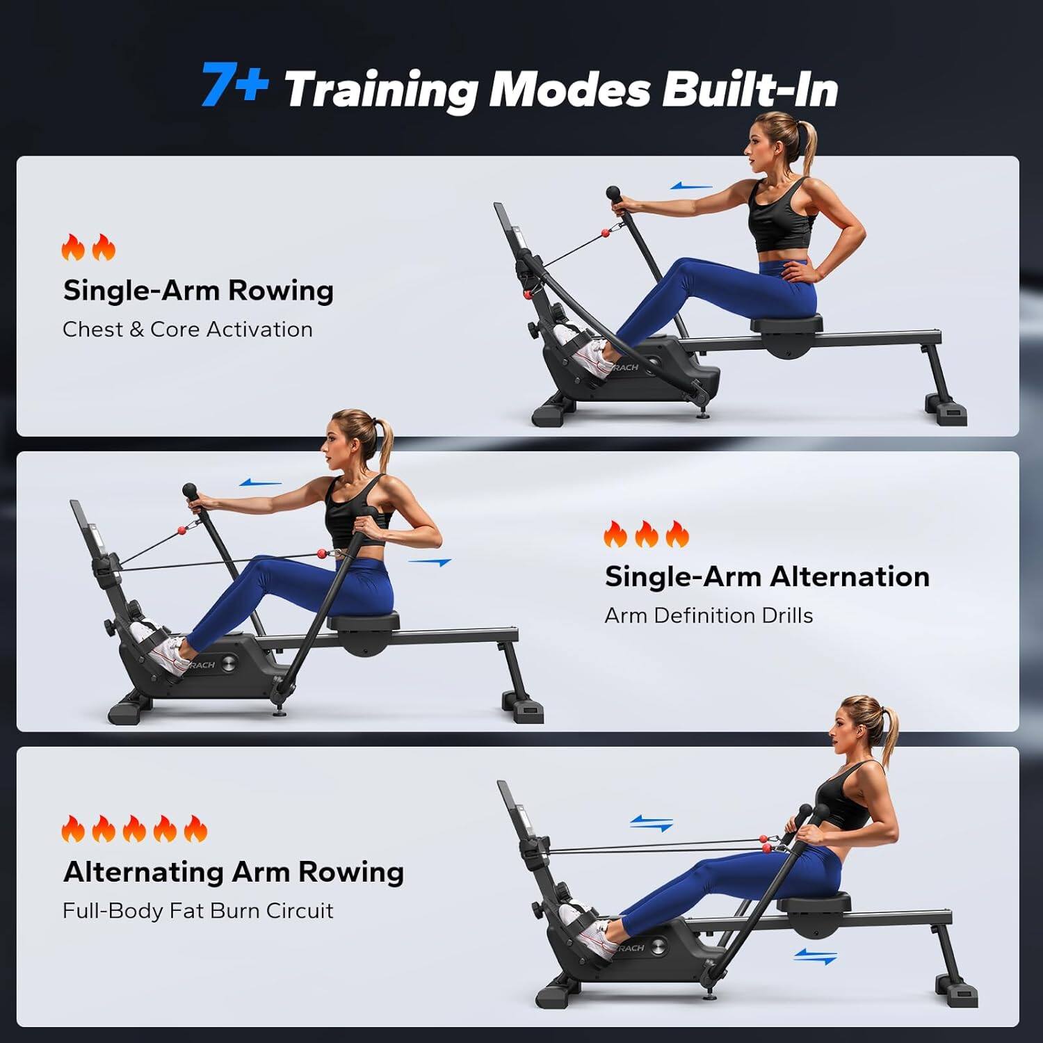7+ Training Modes Built-In

- Single-Arm Rowing  
  Chest & Core Activation

- Single-Arm Alternation  
  Arm Definition Drills

- Alternating Arm Rowing  
  Full-Body Fat Burn Circuit