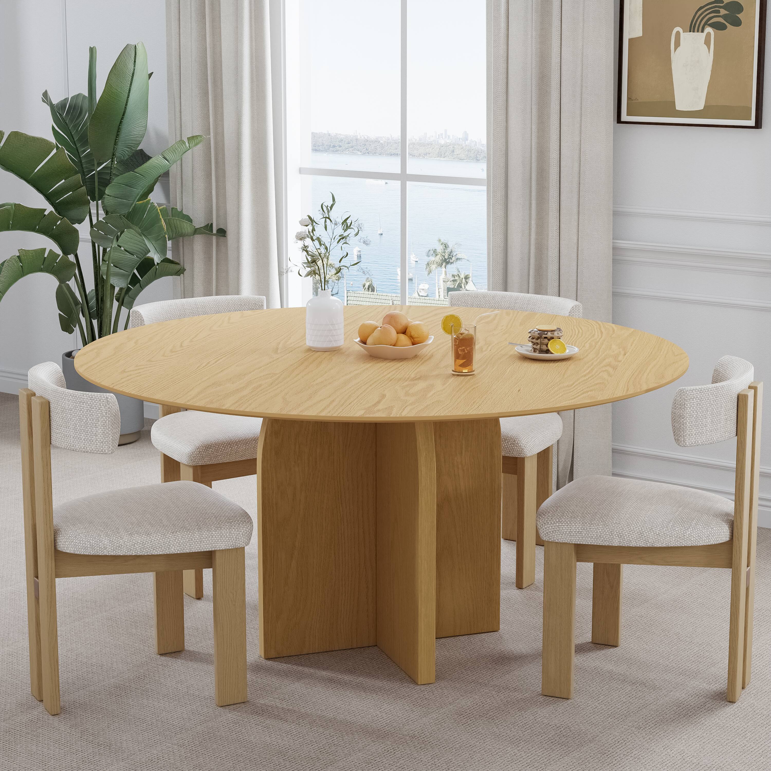 Alt View 2. Lirago - 59in. Arched Leg Round Dining Table Natural Finish Solid Wood Timeless Style,Seats 10 People - Beige.