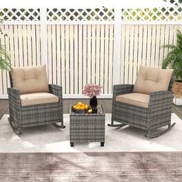 Costway - 3 PCS Patio Wicker Rocking Set with Tempered Glass Table & Soft Cushions Outdoor - Gray
