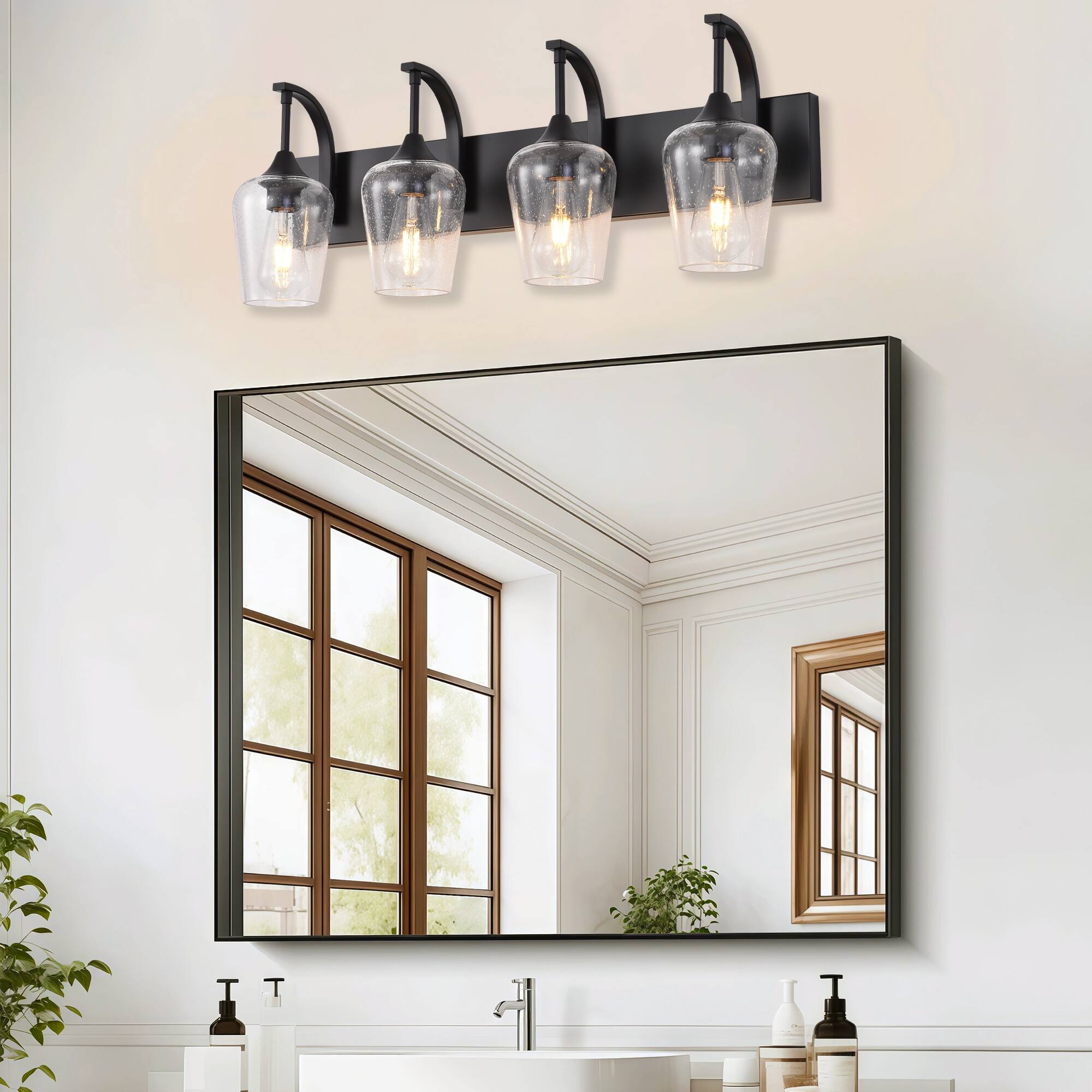 Angle. RYHNUYNE - Black Bathroom Light Fixtures,4-Light Industrial Vanity Light with Clear Glass Shades,Bathroom Wall Lamp Over Mirror - Black.