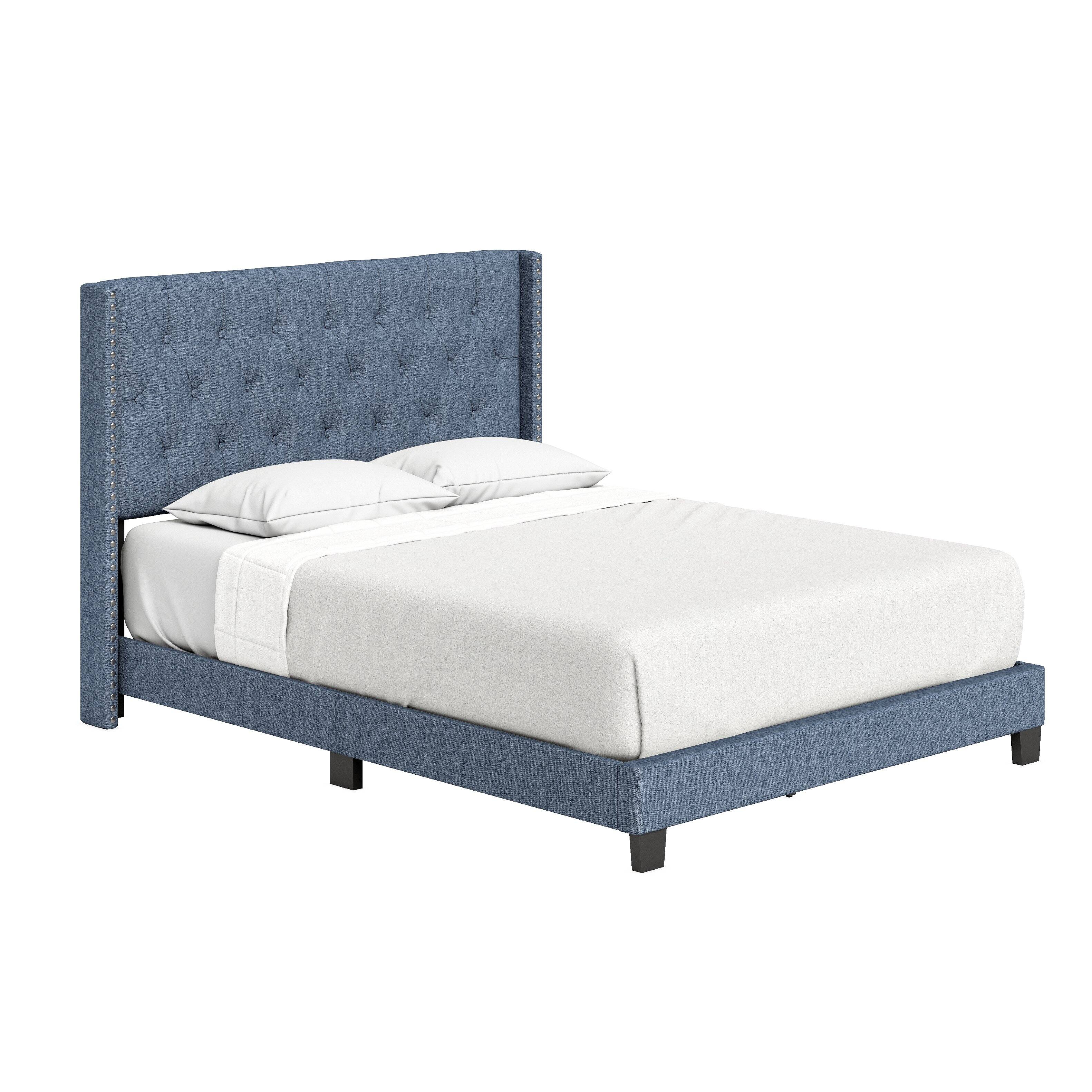 Alt View 2. Boyd Sleep - Mia Linen Platform Bed Frame with Tufted Headboard and Nailhead Trim, No Box Spring Required - Blue.