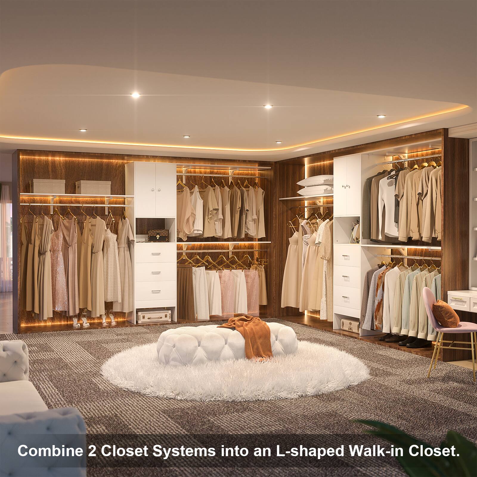 Combine 2 Closet Systems into an L-shaped Walk-in Closet.