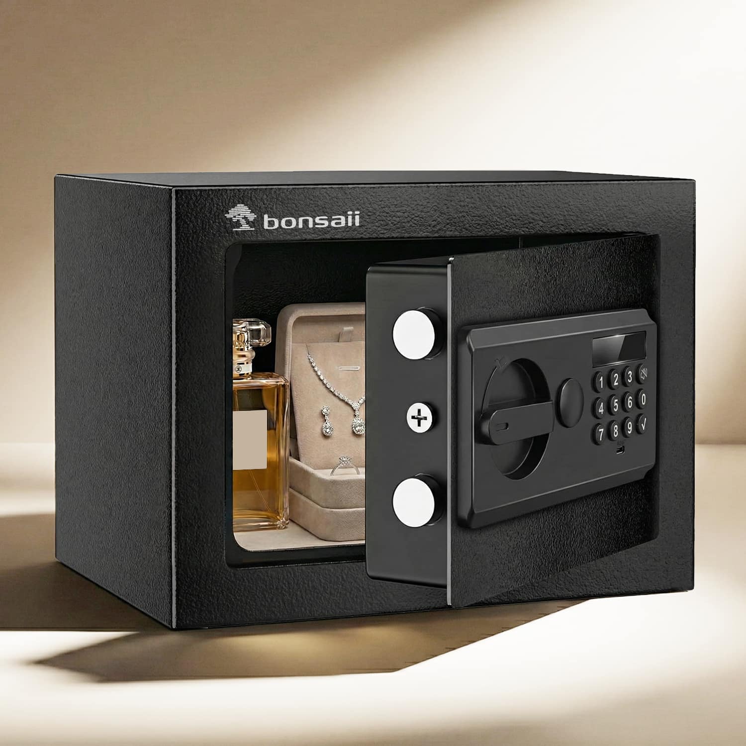 Bonsaii - 0.23 Cubic Foot Safe Box - Dual Steel Locking Bolts, Removable Shelf - Ideal for Home, Business to Secure Jewelry - Black