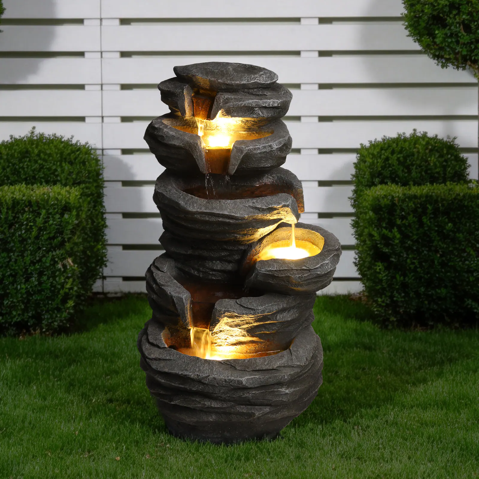 Angle. Anysun - Outdoor Waterfall Fountain with Lights – Stacked Rock Cascading Water Feature, Resin Garden Decor for Patio, Yard - Gray.