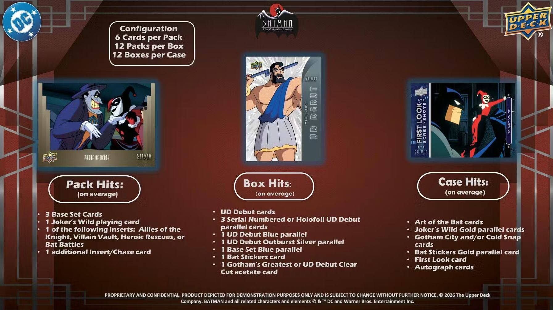 DC Configuration  
6 Cards per Pack  
12 Packs per Box  
12 Boxes per Case  

BATMAN TL  
Lisated Sterties  
UPPER D-E-C-K  

Pack Hits: (on average)  
- 3 Base Set Cards  
- 1 Joker's Wild playing card  
- 1 of the following inserts: Allies of the Knight, Villain Vault, Heroic Rescues, or Bat Battles  
- 1 additional Insert/Chase card  

Box Hits: (on average)  
- UD Debut cards  
- 3 Serial Numbered or Holofoil UD Debut parallel cards  
- 1 UD Debut Blue parallel  
- 1 UD Debut Outburst Silver parallel  
- 1 Base Set Blue parallel  
- 1 Bat Stickers card  
- 1 Gotham's Greatest or UD Debut Clear Cut acetate card  
- Art of the Bat cards  
- Joker's Wild Gold parallel cards  
- Gotham City and/or Cold Snap cards  
- Bat Stickers Gold parallel card  
- First Look card  
- Autograph cards  

Case Hits: (on average)  
- Art of the Bat cards  
- Joker's Wild Gold parallel cards  
- Gotham City and/or Cold Snap cards  
- Bat