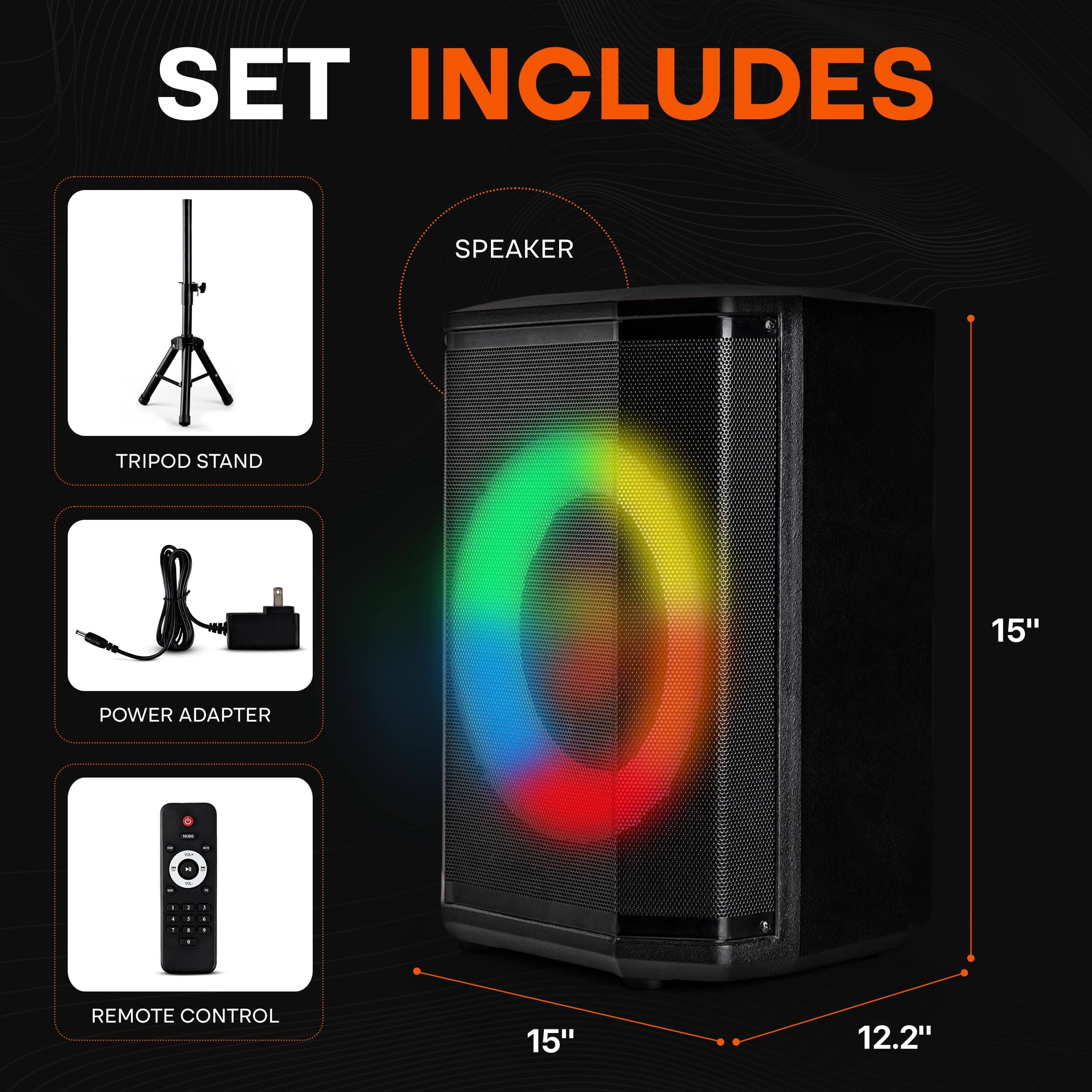 SET INCLUDES

- TRIPOD STAND
- POWER ADAPTER
- REMOTE CONTROL

SPEAKER

15" x 12.2"