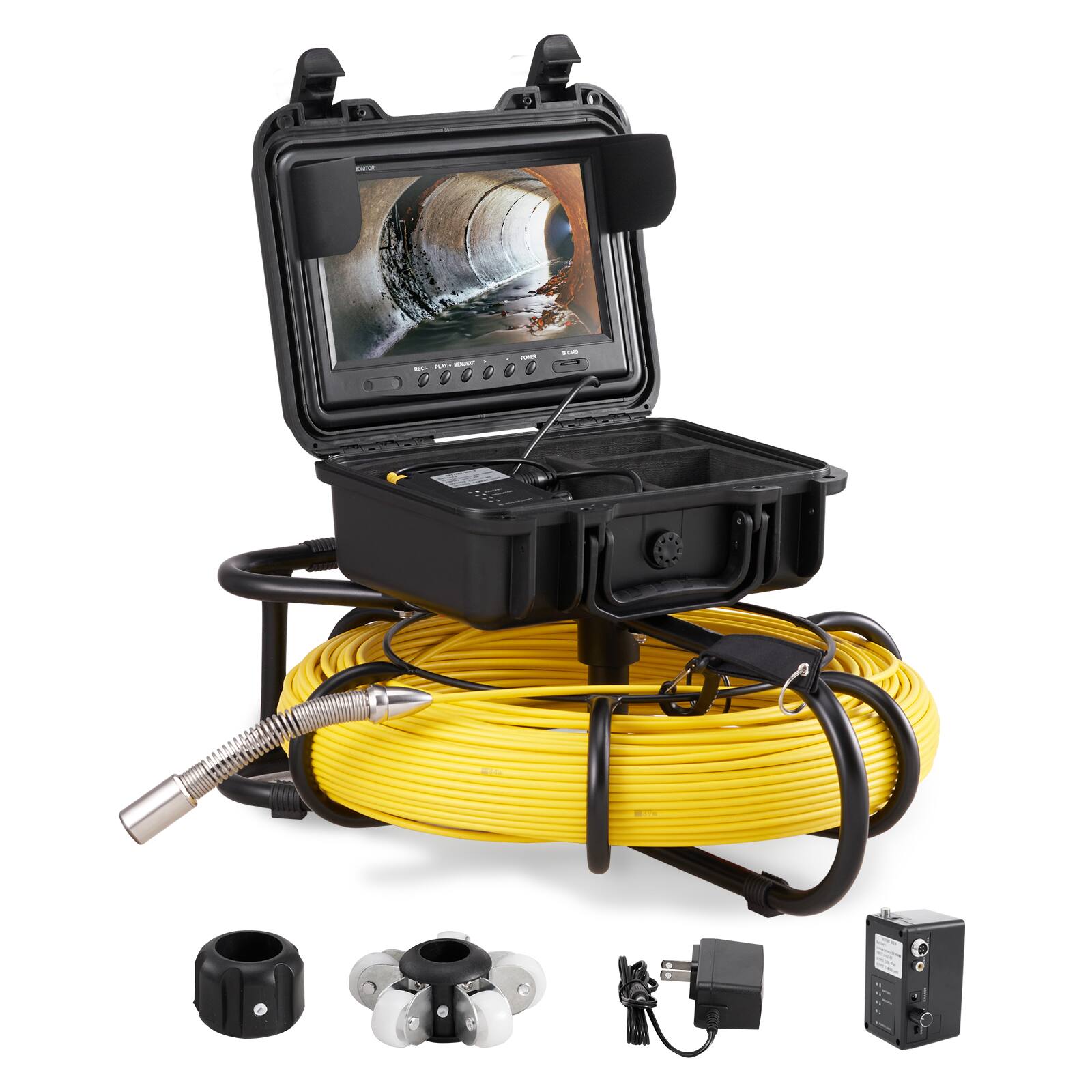 Front. VEVOR - Sewer Camera, 393 ft/120 m, 9" Screen Pipeline Inspection Camera with DVR Function, Waterproof IP68 Camera - Yellow;Black.