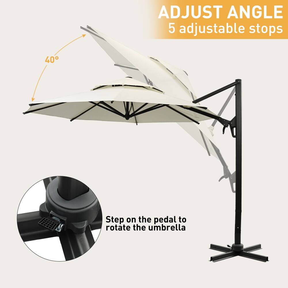 Adjust Angle: 5 adjustable stops, 40 Step on the pedal to rotate the umbrella.
