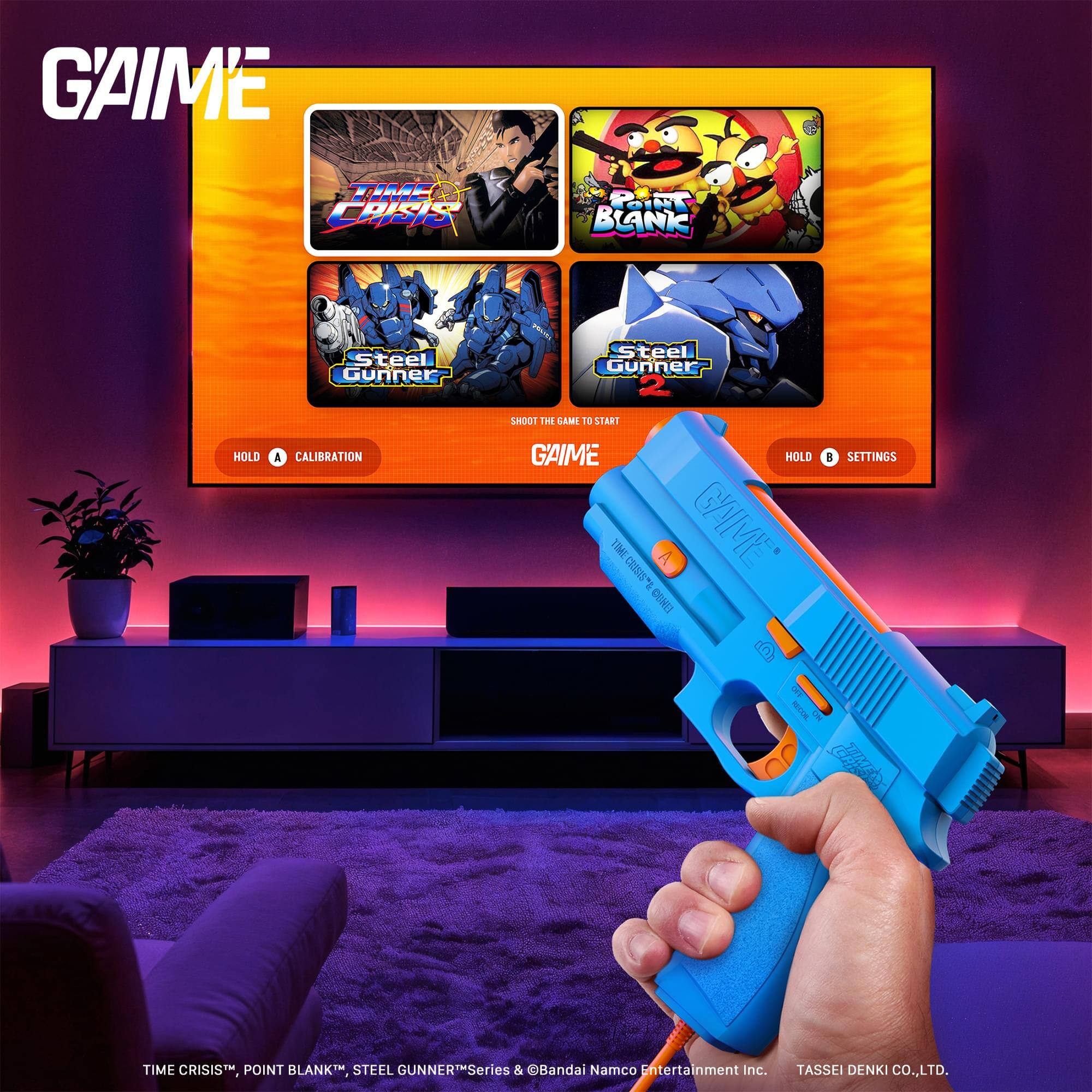 GAME TIME CRISIS, POINT BLANK, STEEL GUNNER Series & Bandai Namco Entertainment Inc. TASSEI DENKI CO., LTD.

GAIME TIME CRISIS
Steel Gunners
Steel Gunner 2

HOLD A CALIBRATION
SHOOT THE LAMPS
START GAIME
HOLD T14T S A GAIME
1 9 SETTINGS

HOLD A CALIBRATION
SHOOT TO START
GAIME
HOLD B SETTINGS