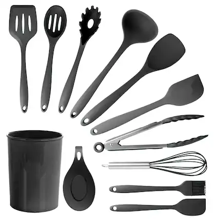 Front. MegaChef - MegaChef Black Silicone Cooking Utensils, Set of 12 - Black.