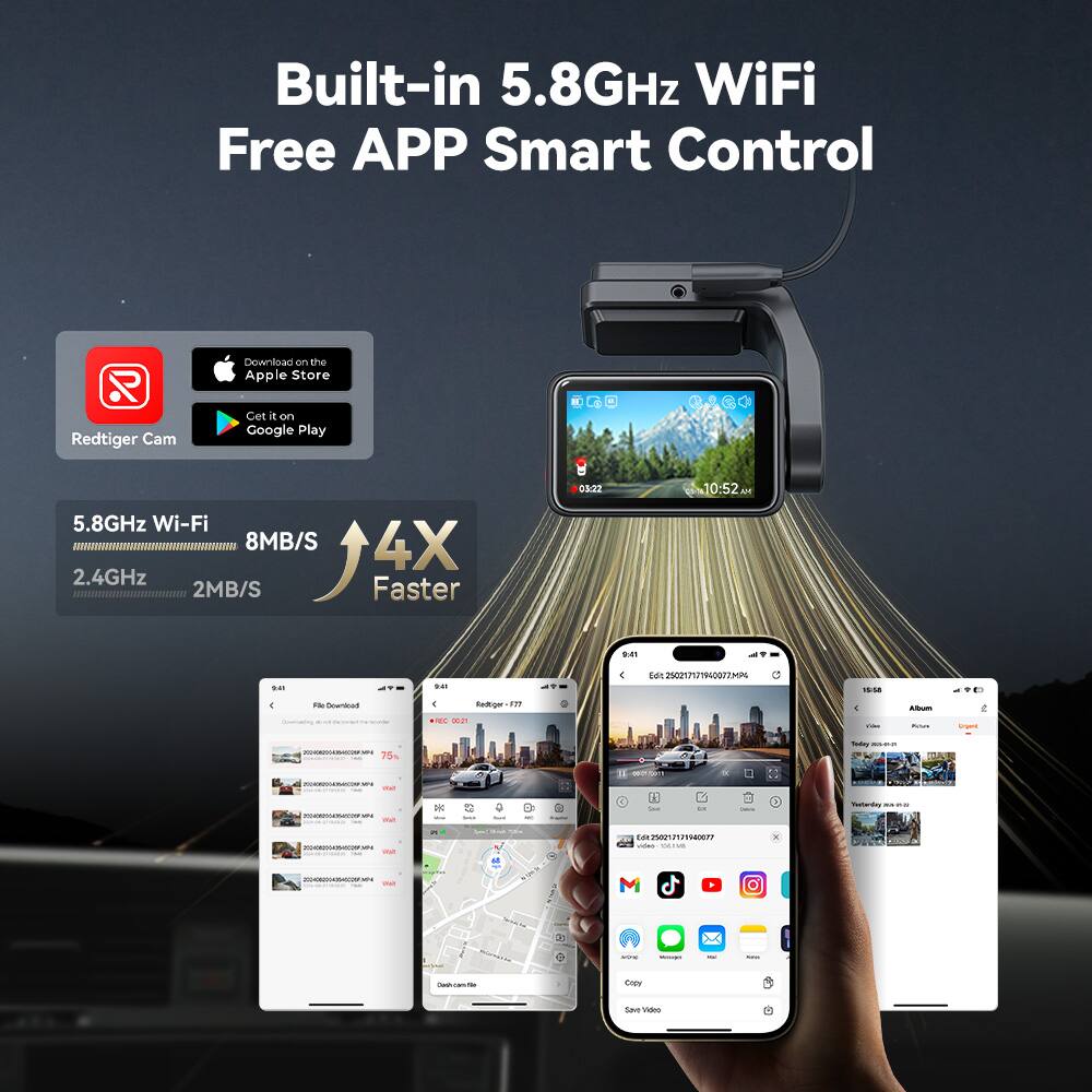 Built-in 5.8GHz WiFi  
Free APP Smart Control  

Download on the Apple Store  
Get it on Google Play  

5.8GHz Wi-Fi  
8MB/S  

2.4GHz  
2MB/S  

4X Faster  

Redtiger Cam  

03:22 10:52 AM  

5.8GHz WiFi  
8MB/S  

2.4GHz  
2MB/S  

Album  
Today's date: 2023-09-14  

Video  
Pictures  
Unsorted  

Download  
Copy  
Save Video  

Redtiger - F777