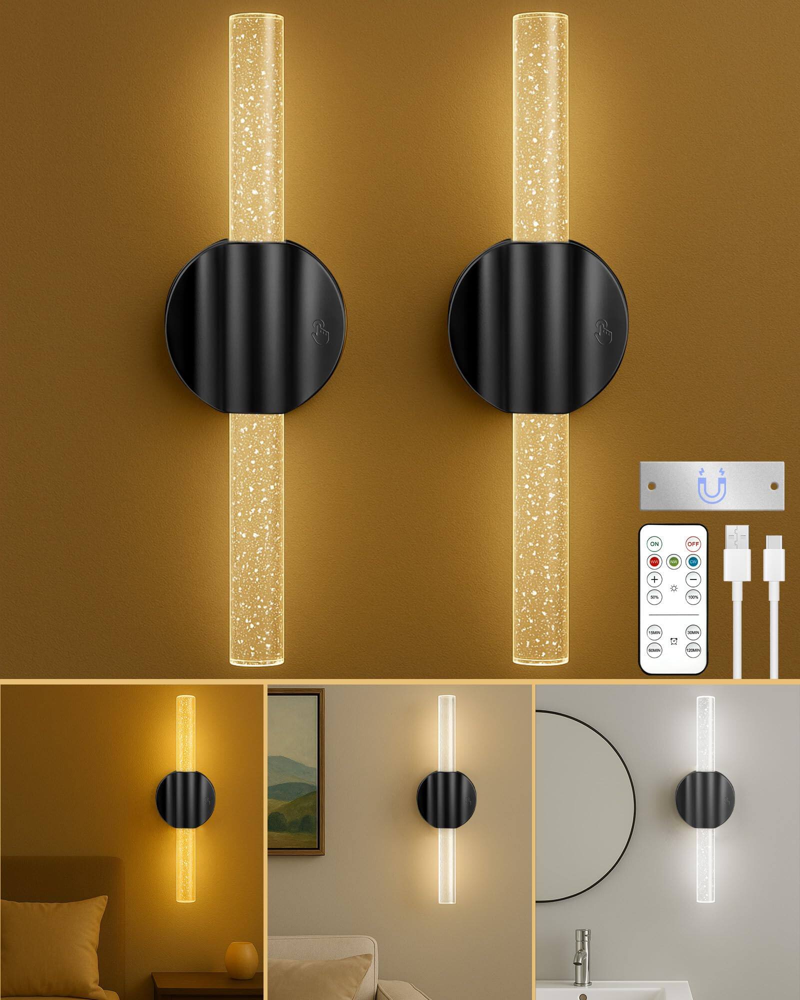 TECH SAFARI - Rechargeable Wall Sconces Set Of Wireless Magnetic Decor With Remote Touch Control Dimmable Cordless Ligh - Black-2 Pack