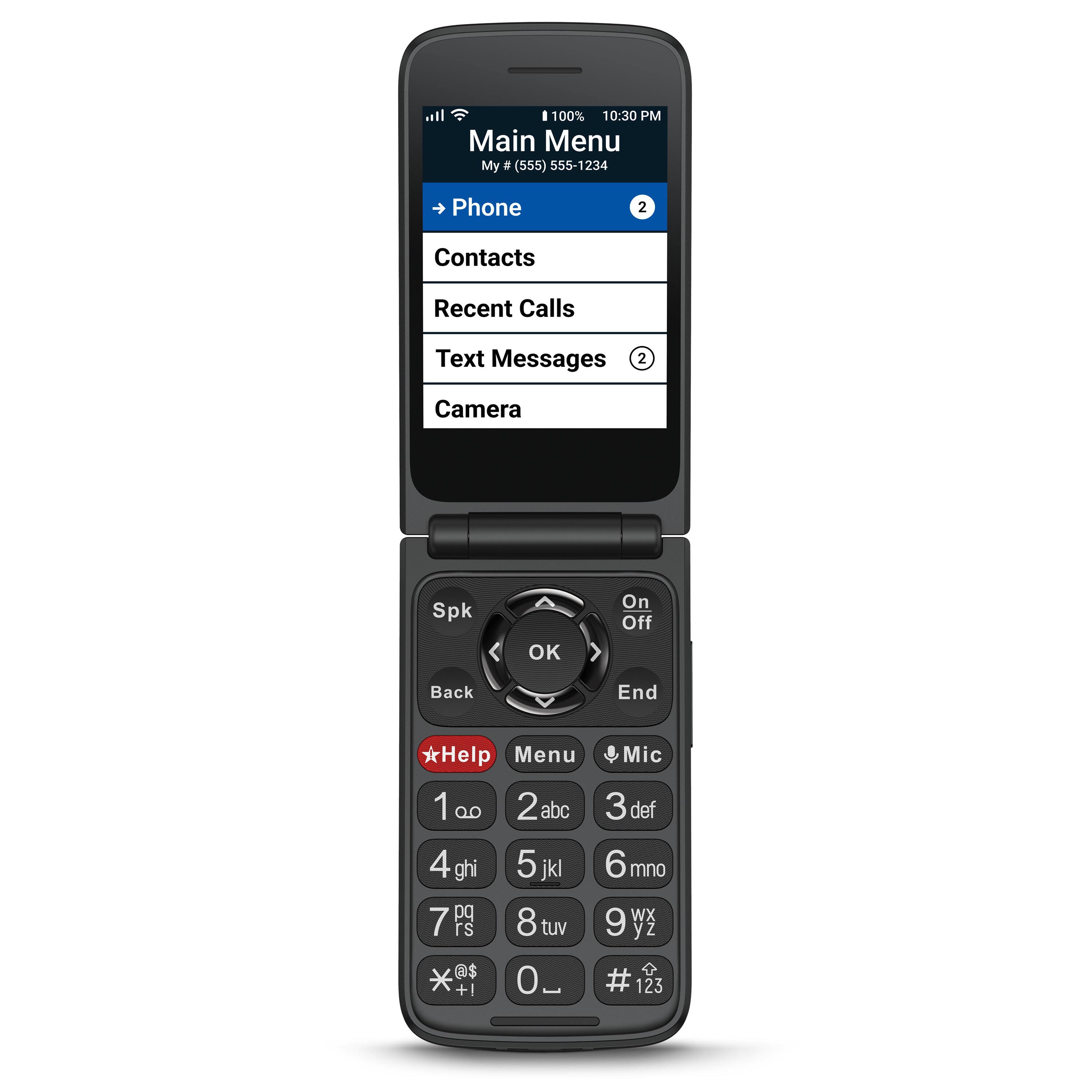 - 100% 10:30 PM
- Main Menu
- My # (555) 555-1234
- Phone
- 2 Contacts
- Recent Calls
- Text Messages
- 2
- Camera
- Spk
- OK
- On Off
- Back End
- *Help Menu
- 1
- 2 abc
- 3 def
- 4 ghi
- 5 jkl
- 6 mno
- 7 pq
- 8 rs
- 9 tuv
- 0
- Mic
- WX
- yz
- # 123