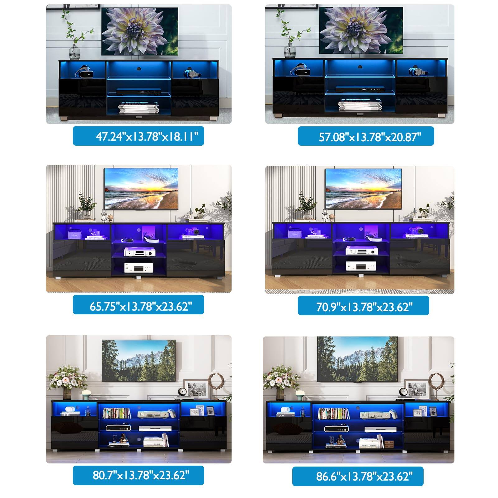 47.24" x 13.78" x 18.11"  
57.08" x 13.78" x 20.87"  
65.75" x 13.78" x 23.62"  
70.9" x 13.78" x 23.62"  
80.7" x 13.78" x 23.62"  
86.6" x 13.78" x 23.62"