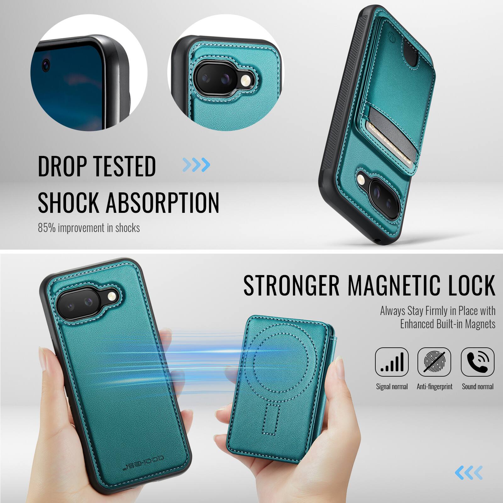 DROP TESTED  
SHOCK ABSORPTION  
85% improvement in shocks  

STRONGER MAGNETIC LOCK  
Always Stay Firmly in Place with Enhanced Built-in Magnets  

Signal normal  
Anti-fingerprint  
Sound normal