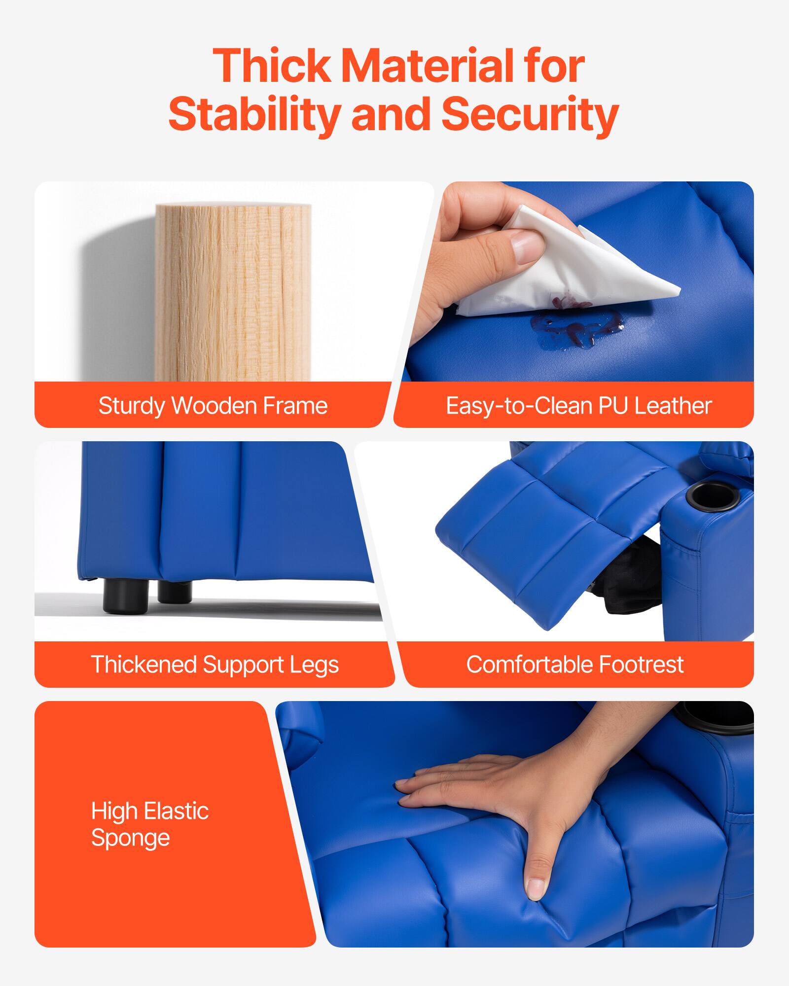 Thick Material for Stability and Security

- Sturdy Wooden Frame
- Easy-to-Clean PU Leather
- Thickened Support Legs
- Comfortable Footrest
- High Elastic Sponge