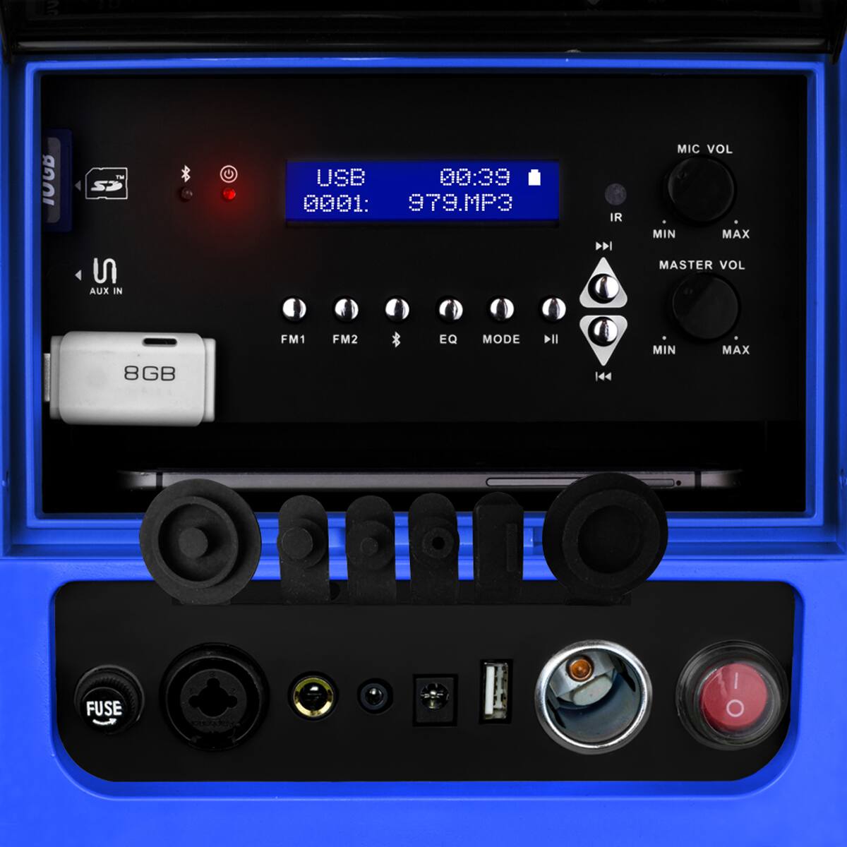 USB 00:01 979.MP3  
00:39 79.MP3  

AUX IN  
FM1 FM2  
EQ MODE  

MIC VOL  
MIN MAX  
MASTER VOL  
MIN MAX  

IR  

FUSE