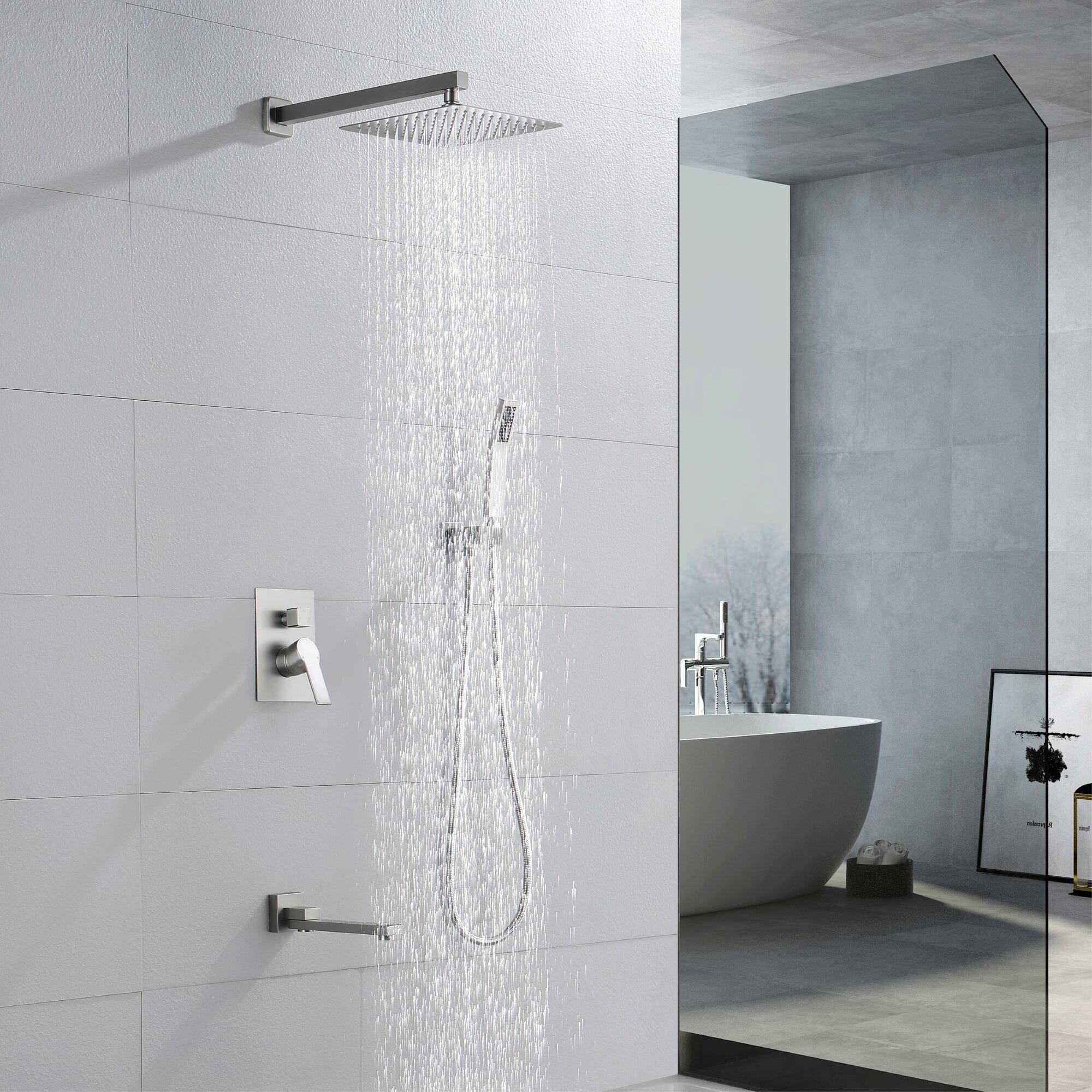Angle. Boyel Living - Wall Mount Single Handle Tub and Shower Faucet with Fixed Shower in Brushed Nickel 12 Inch Valve Included - Brushed Nickel.