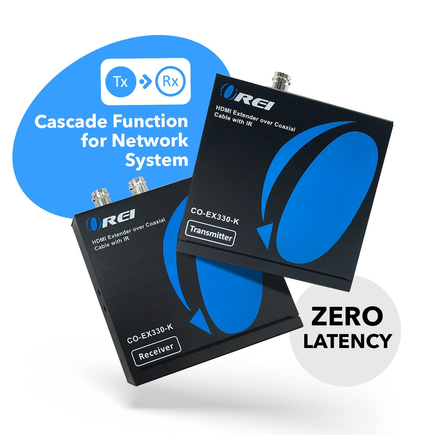 Tx Rx HDMI REI Cascade Function Cable with Extender over IR Coaxial for Network System REI over Coaxial HDMI Extender IR with Cable CO-EX330-K Transmitter CO-EX330-K Receiver ZERO LATENCY