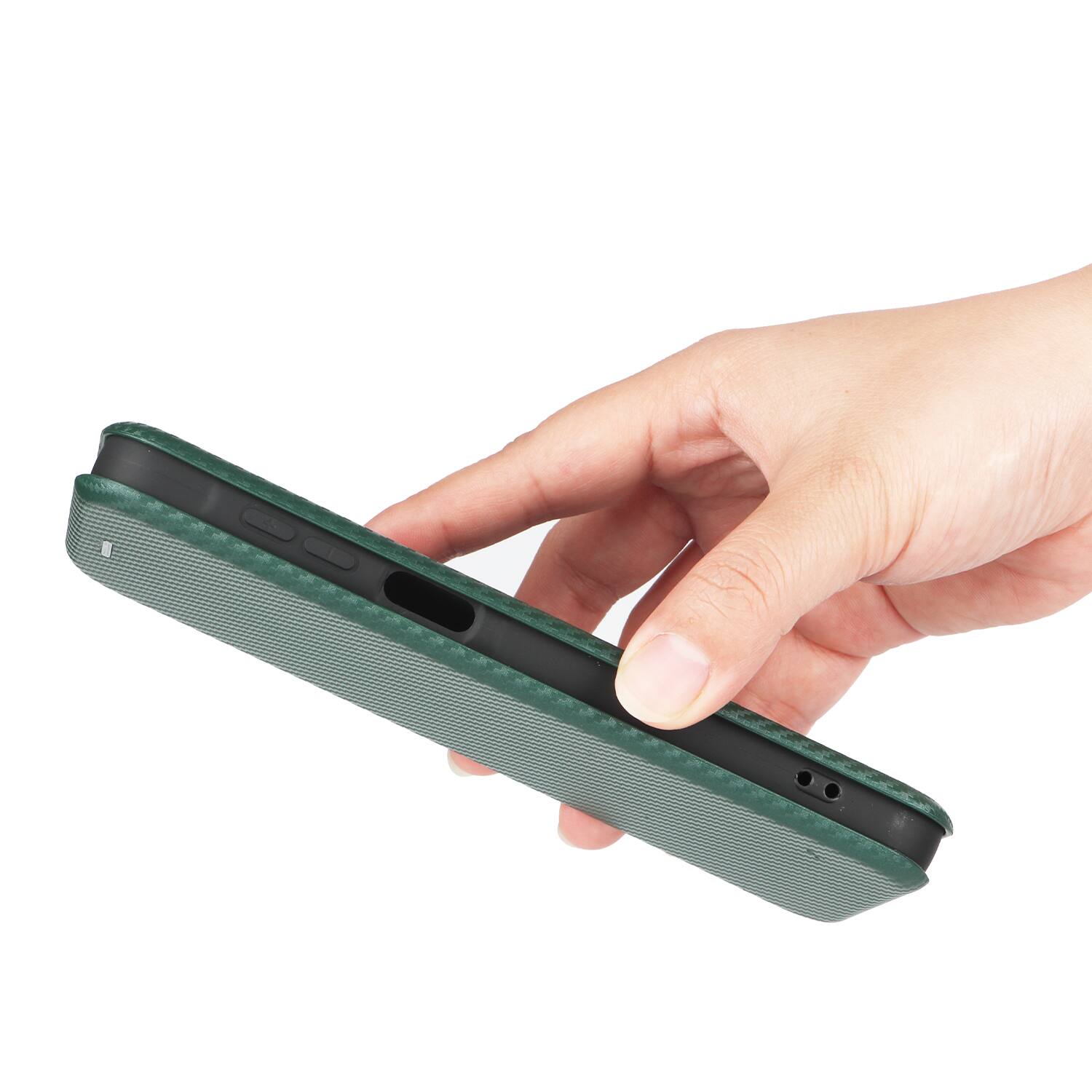 Back. Dteck - Carbon Fiber Texture Folio Phone Case for Samsung Galaxy A16 5G,PU Leather Magnetic Closure Hidden Card Slot Flip Cover - Green.
