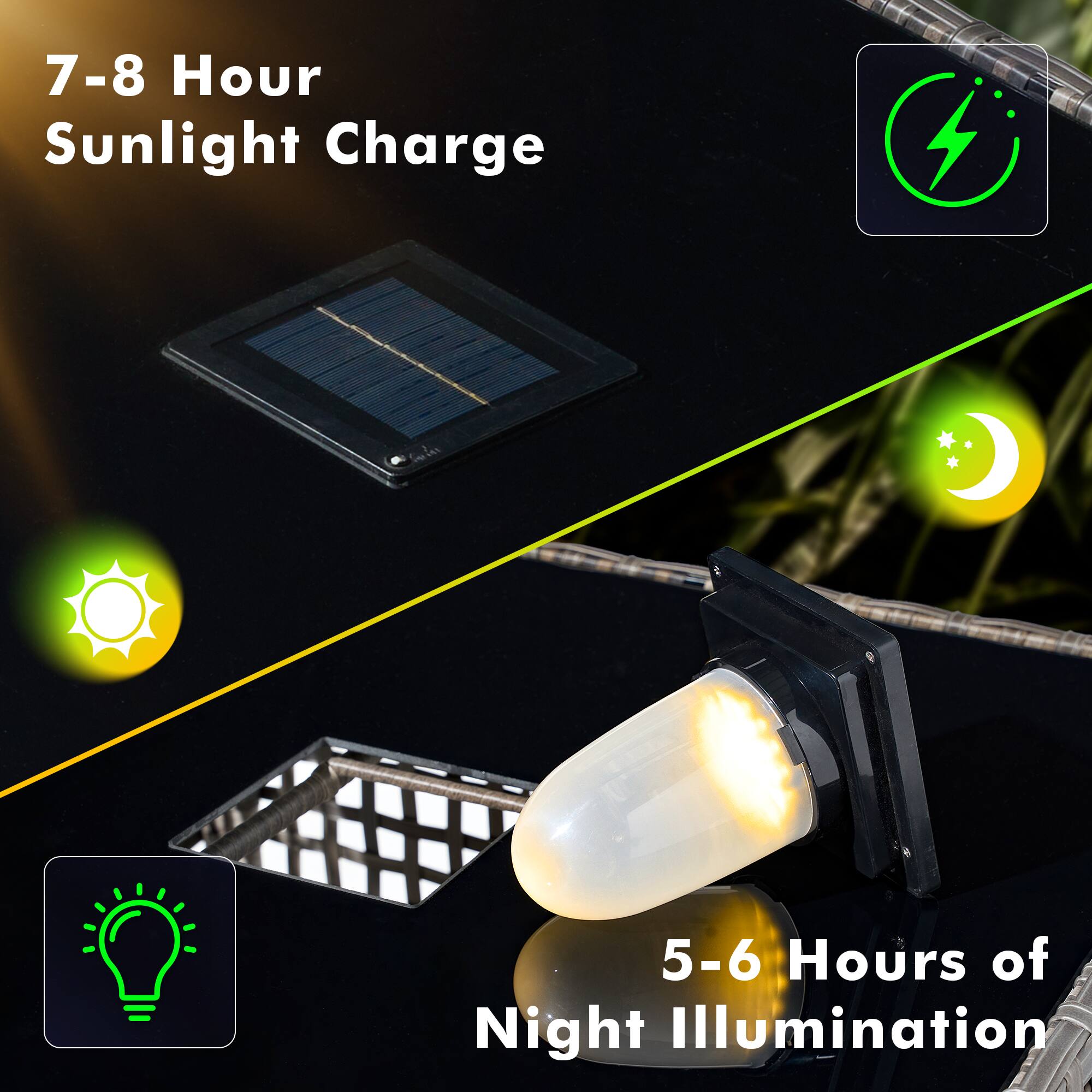 7-8 Hour Sunlight Charge  
5-6 Hours of Night Illumination