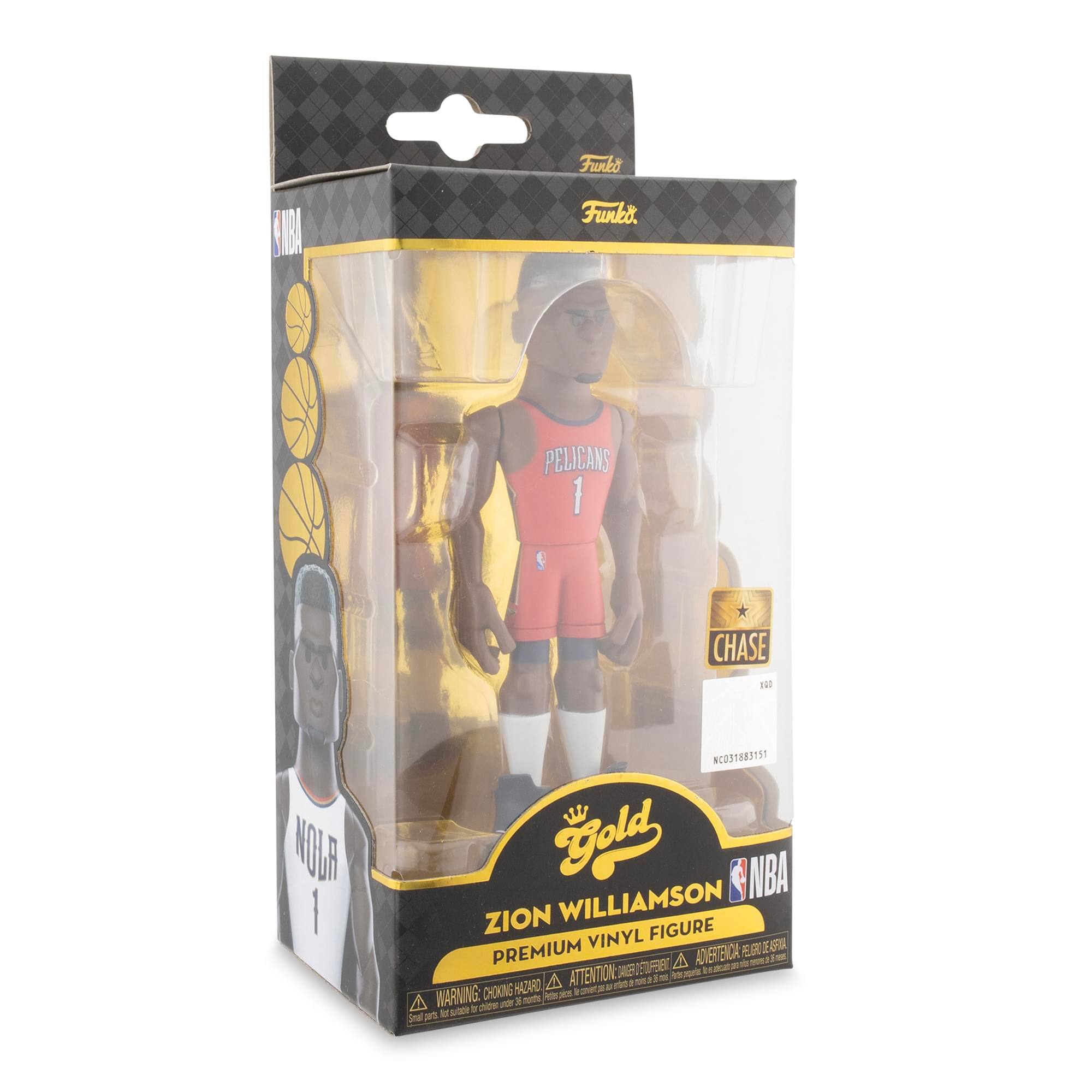 AB Funko Funko PELICANS 1 CHASE TH UH 1 NCO3188315 11 Gold NBA ZION WILLIAMSON VINYL FIGURE PREMIUM ANGELICA CK R F EI STFE A ATTENTION NE 3m - Jore CHOKING HAZARD A anrs . - 5 WARNING: Hs a A - 3 nets sra 3 dhize Smal a

Corrected text:
AB Funko PELICANS 1 CHASE 1 NCO3188315 11 Gold NBA ZION WILLIAMSON PREMIUM VINYL FIGURE WARNING: CHOKING HAZARD - Small parts. Not for children under 3 years.