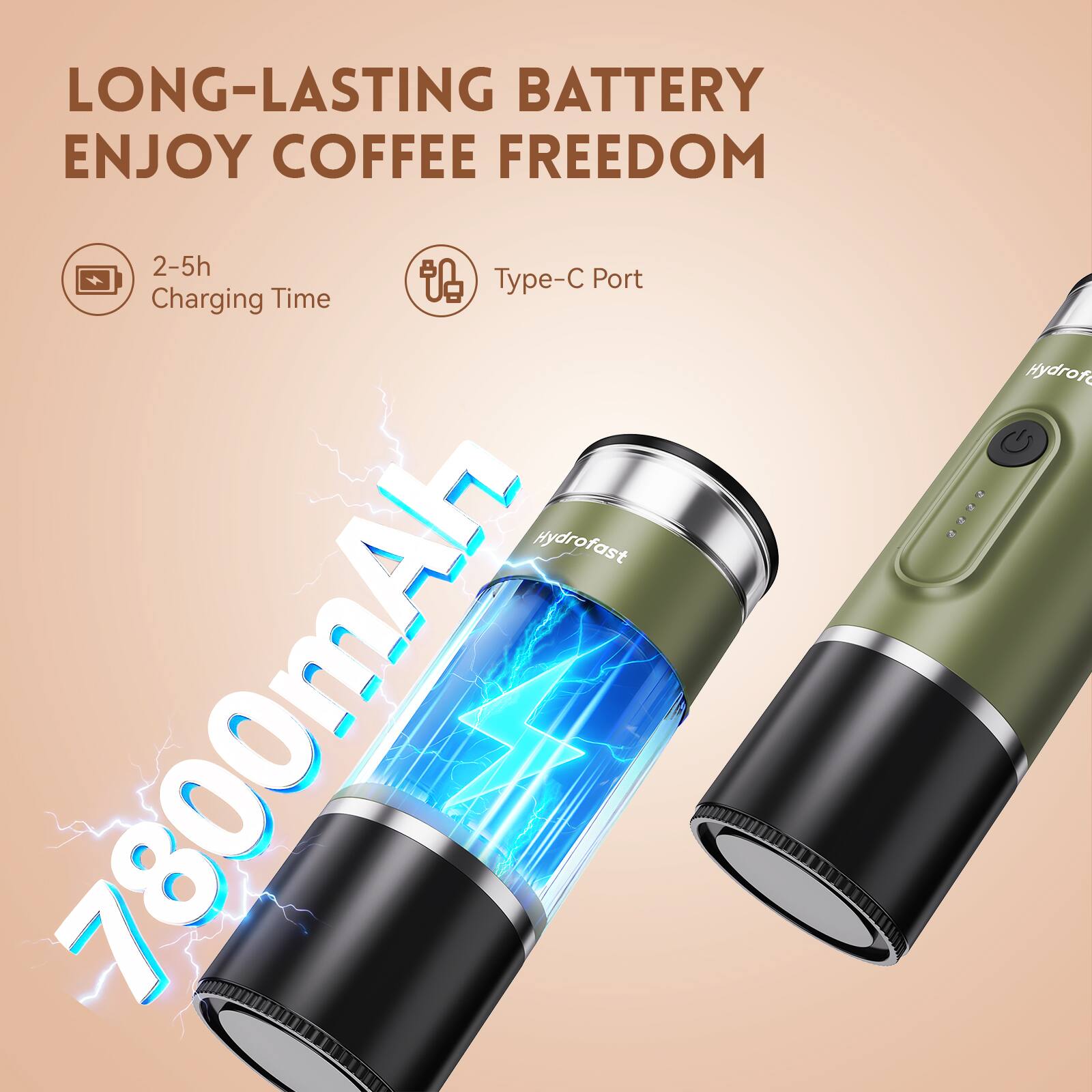 LONG-LASTING BATTERY ENJOY COFFEE FREEDOM  
2-5h Charging Time  
Type-C Port  
7800mAh