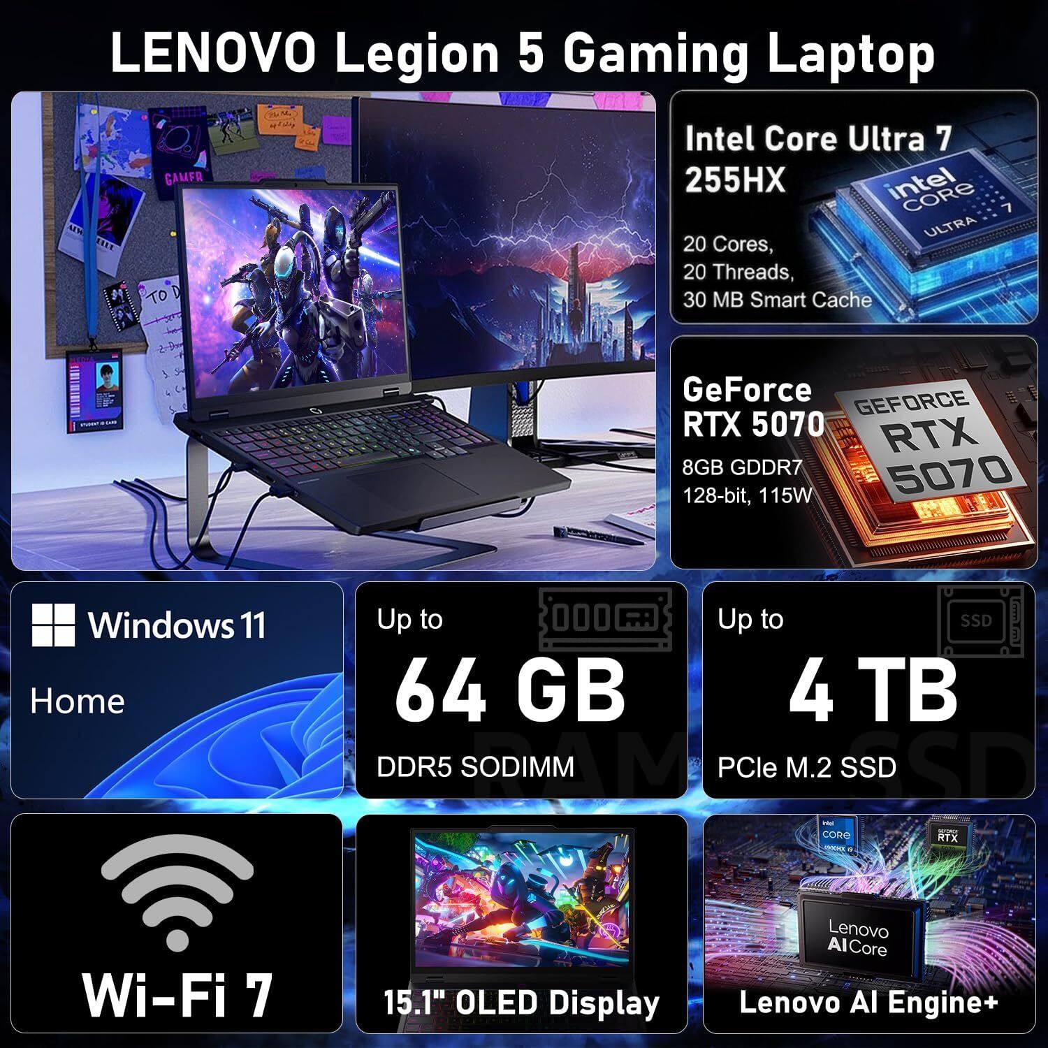 LENOVO Legion 5 Gaming Laptop  
Intel Core Ultra 7 255HX  
20 Cores, 20 Threads, 30 MB Smart Cache  
GeForce RTX 5070 8GB GDDR7 128-bit, 115W  
Windows 11 Home  
Up to 64 GB DDR5 SODIMM  
Up to 4 TB PCIe M.2 SSD  
Wi-Fi 7  
15.1" OLED Display  
Lenovo AlCore AI Engine+