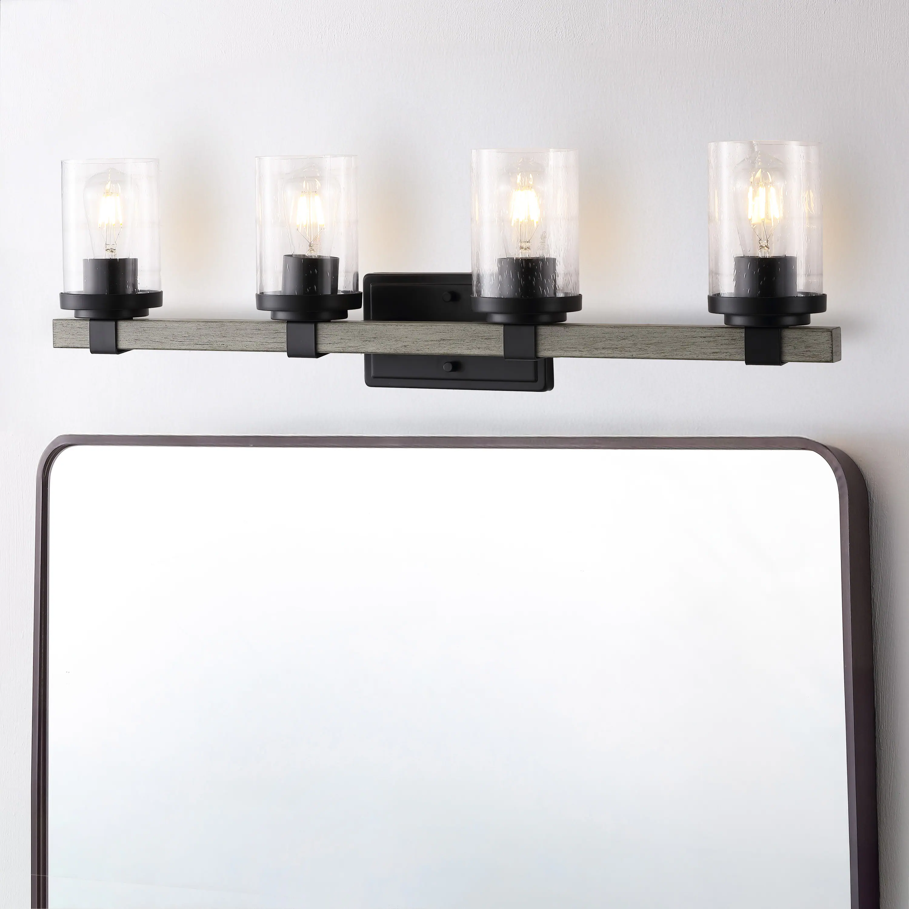 Alt View 1. Jonathan Y - Bungalow 32" 4-Light Iron/Seeded Glass Rustic Farmhouse LED Vanity Light, Black/Gray Oak Wood Finish - Black/Gray Oak Wood Finish.