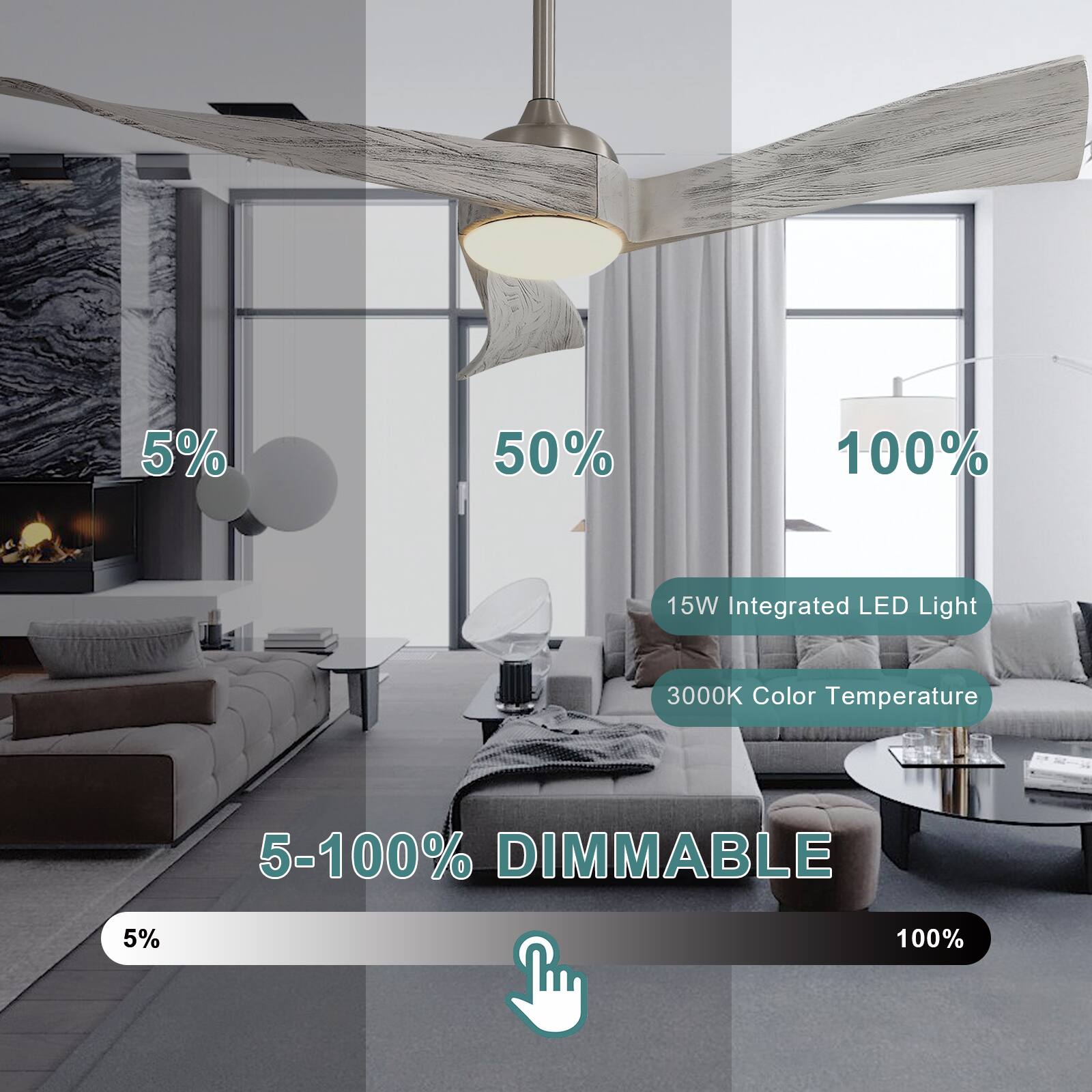 5%  
50%  
100%  

15W Integrated LED Light  
3000K Color Temperature  

5-100% DIMMABLE