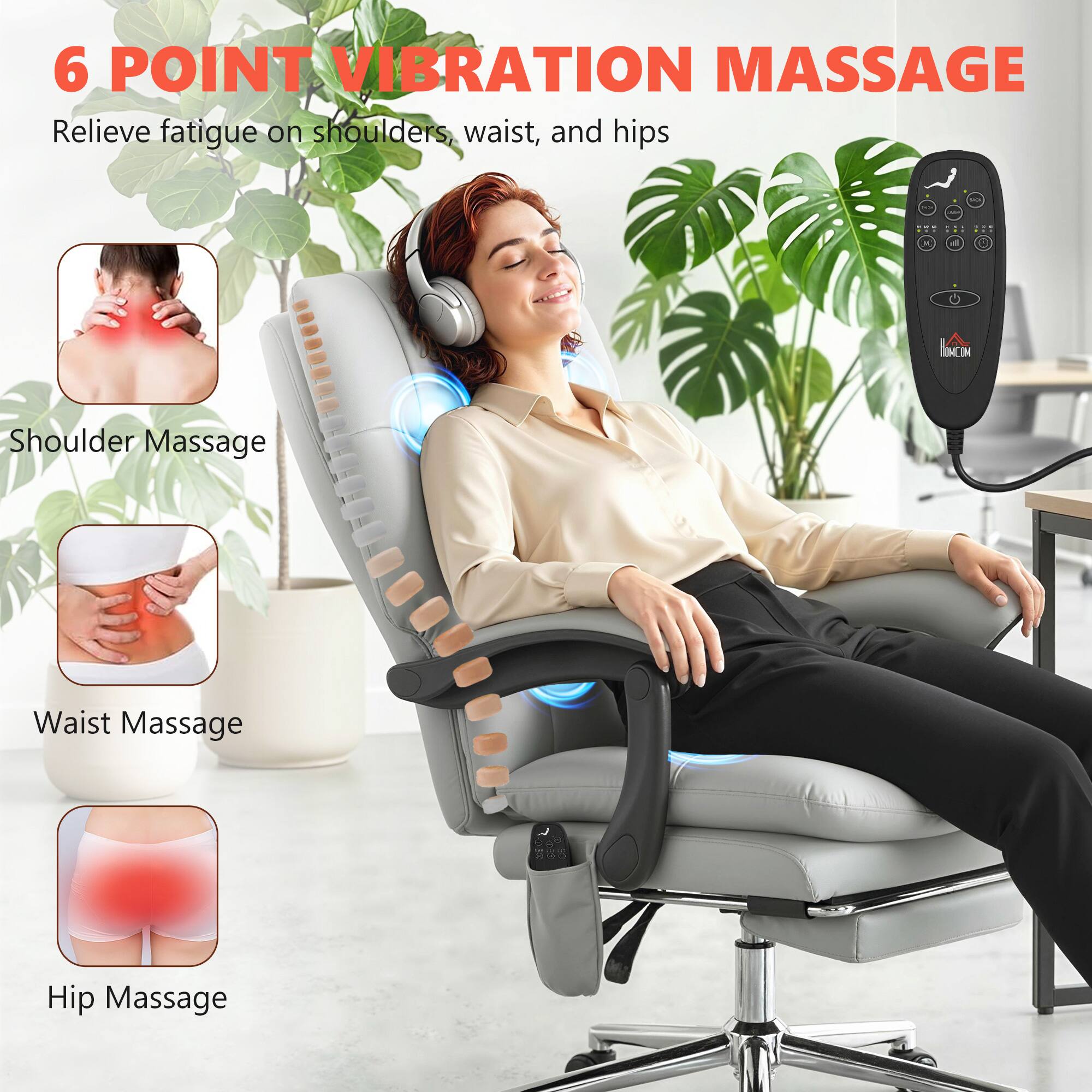 6 POINT VIBRATION MASSAGE  
Relieve fatigue on shoulders, waist, and hips  

Shoulder Massage  
Waist Massage  
Hip Massage