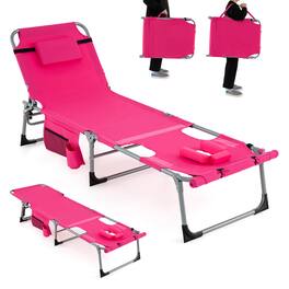 Costway - Outdoor Folding Chaise 5-Position Lounge Chair with Face Hole &Adjustable Footrest - Pink