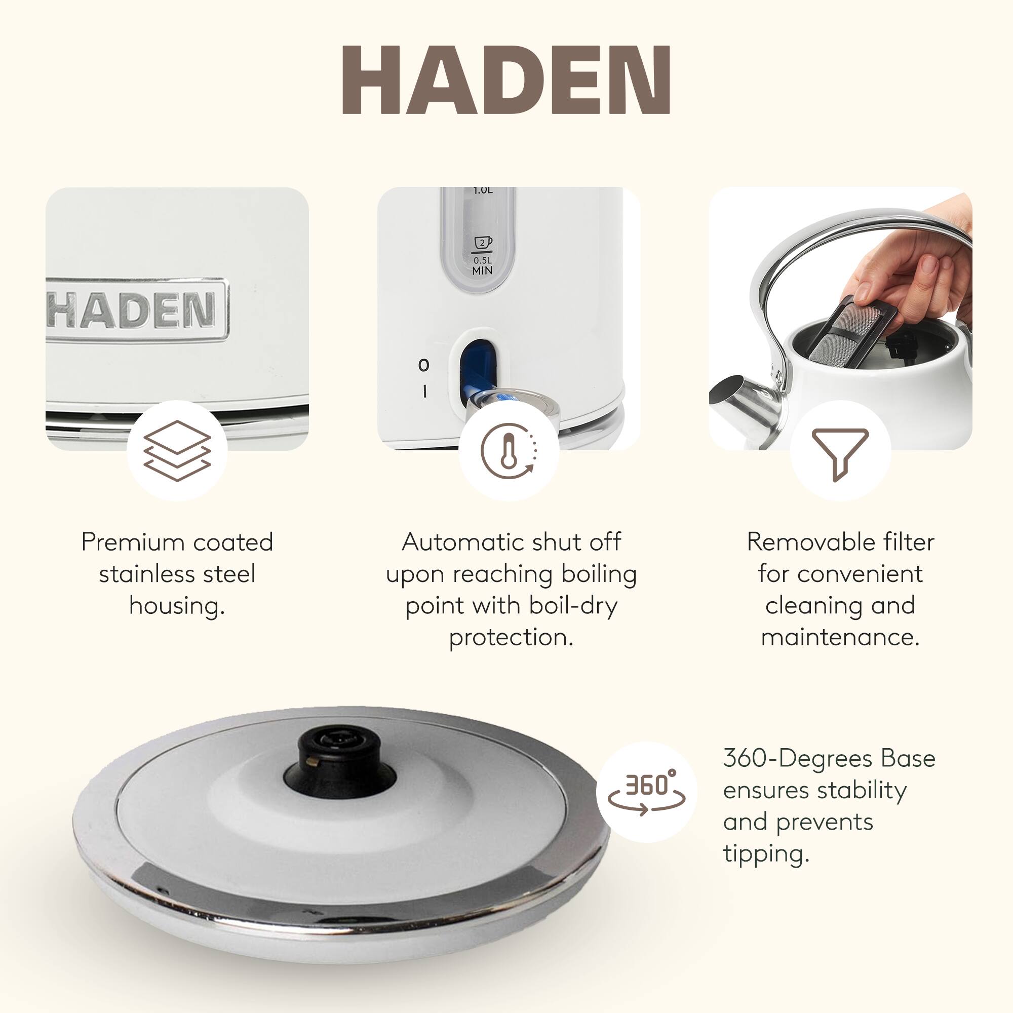 HADEN LUE 0.5L MIN

- Premium coated stainless steel housing.
- Automatic shut off upon reaching boiling point with boil-dry protection.
- Removable filter for convenient cleaning and maintenance.
- 360-Degrees Base ensures stability and prevents tipping.