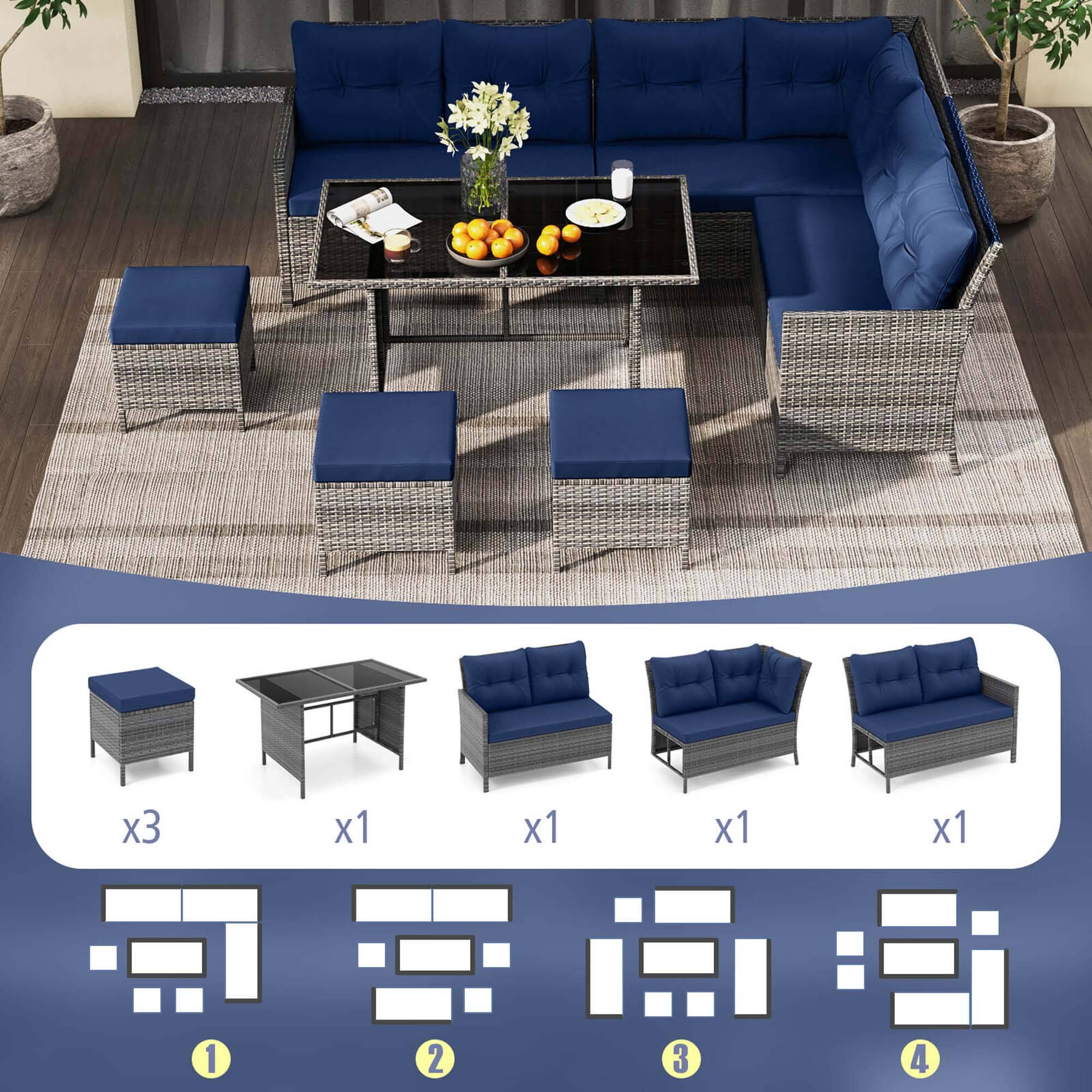 Alt View 8. Costway - 7 PCS Patio Dining Furniture Set PE Rattan Sectional Sofa Set with Soft Cushions - Mix Gray,Navy.