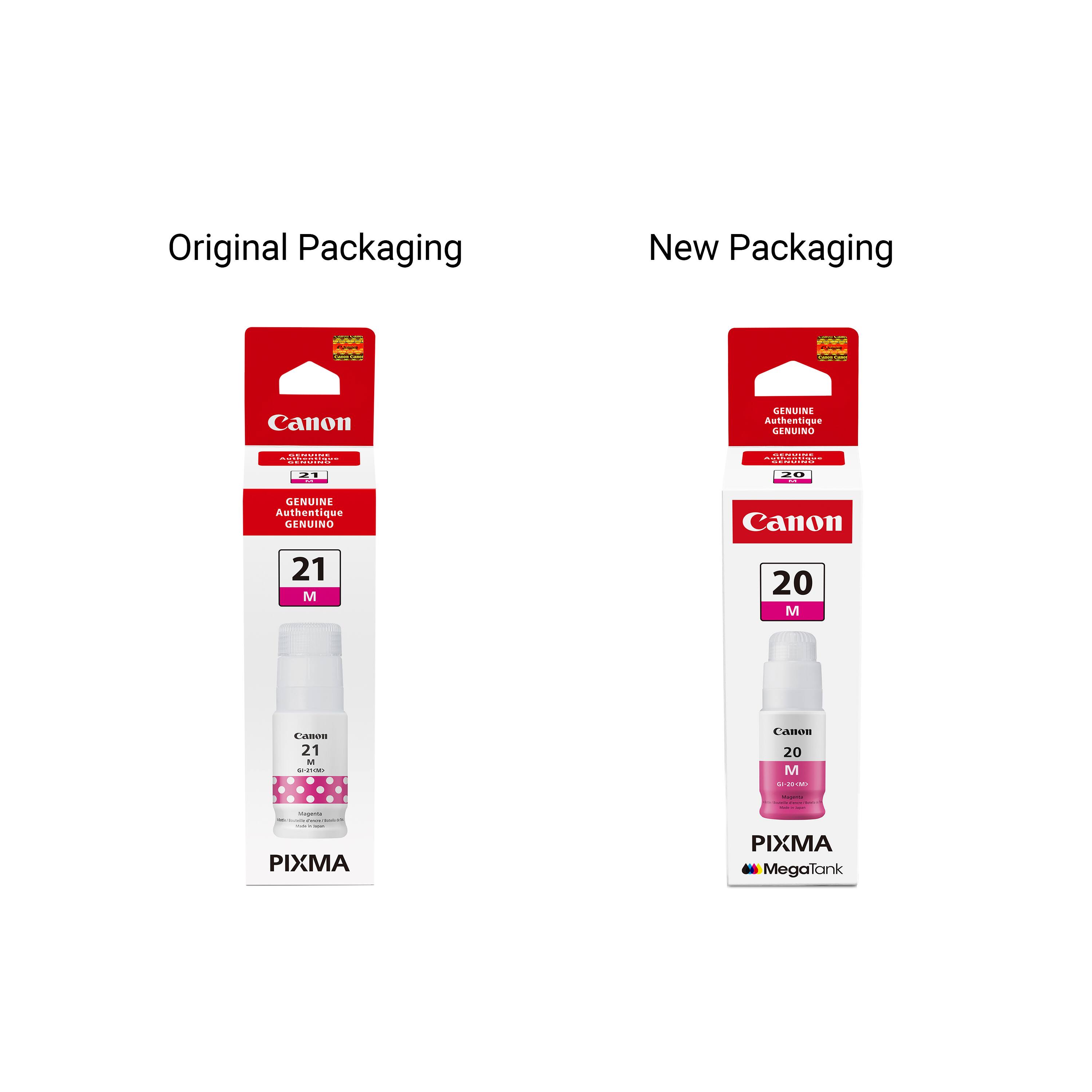 Original Packaging  
New Packaging  

Canon GENUINE Authentique GENUINO  
Canon 21 M  
Canon 20 M  

PIXMA  
PIXMA MegaTank