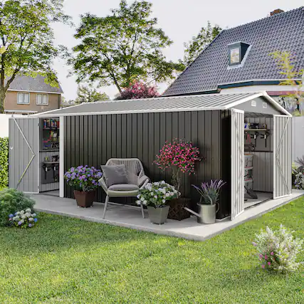 Front. Anysun - Anysun 10×14 FT Practical 3-Open Hinge Door Design Metal Utility Tool Storage Shed, Assembly Required - Dark Gray.