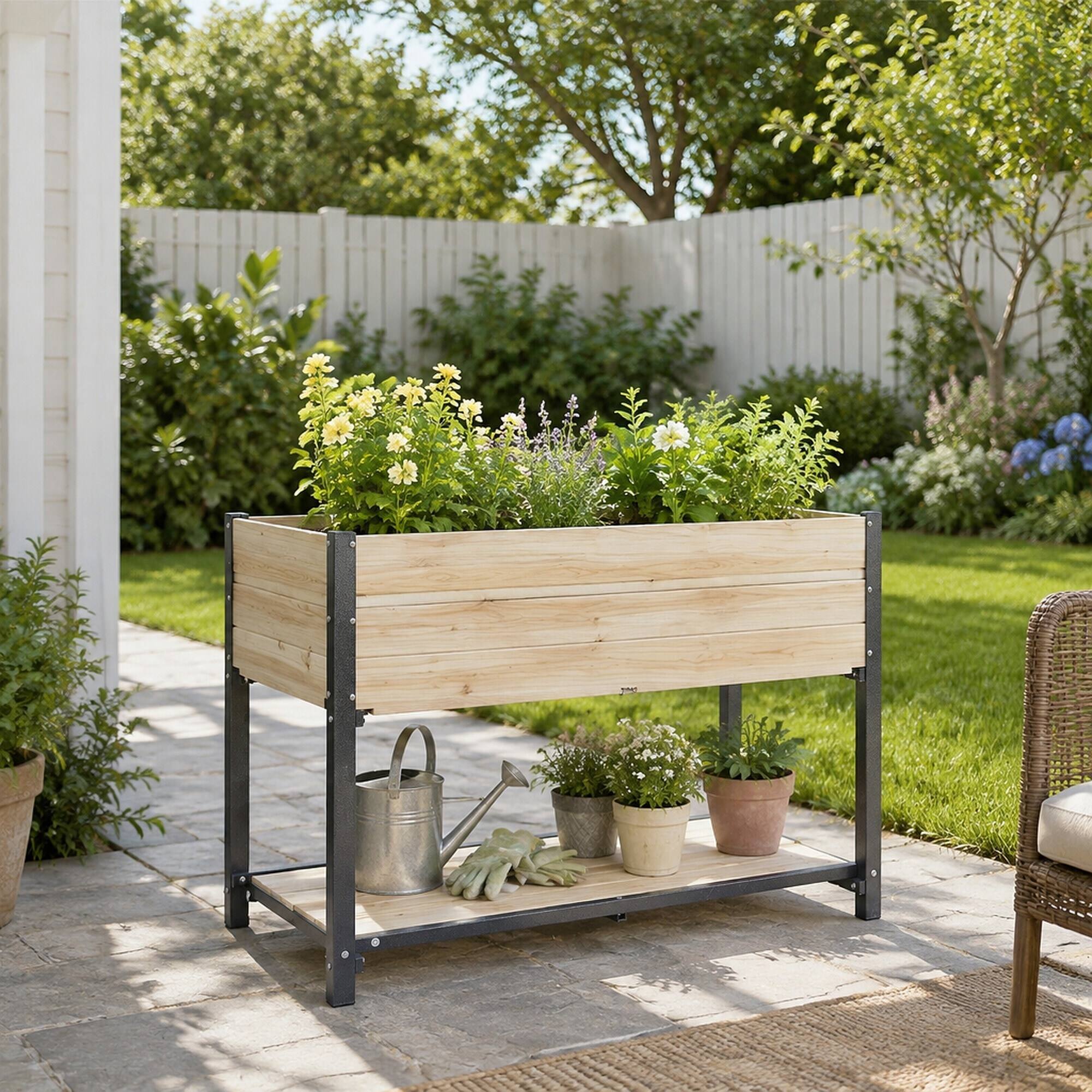 Back. RYHNUYNE - Solid Wood and Iron Raised Garden Bed with Reversible Panels, No Paint or Formaldehyde, DIY Planter for Vegetables - Natural.
