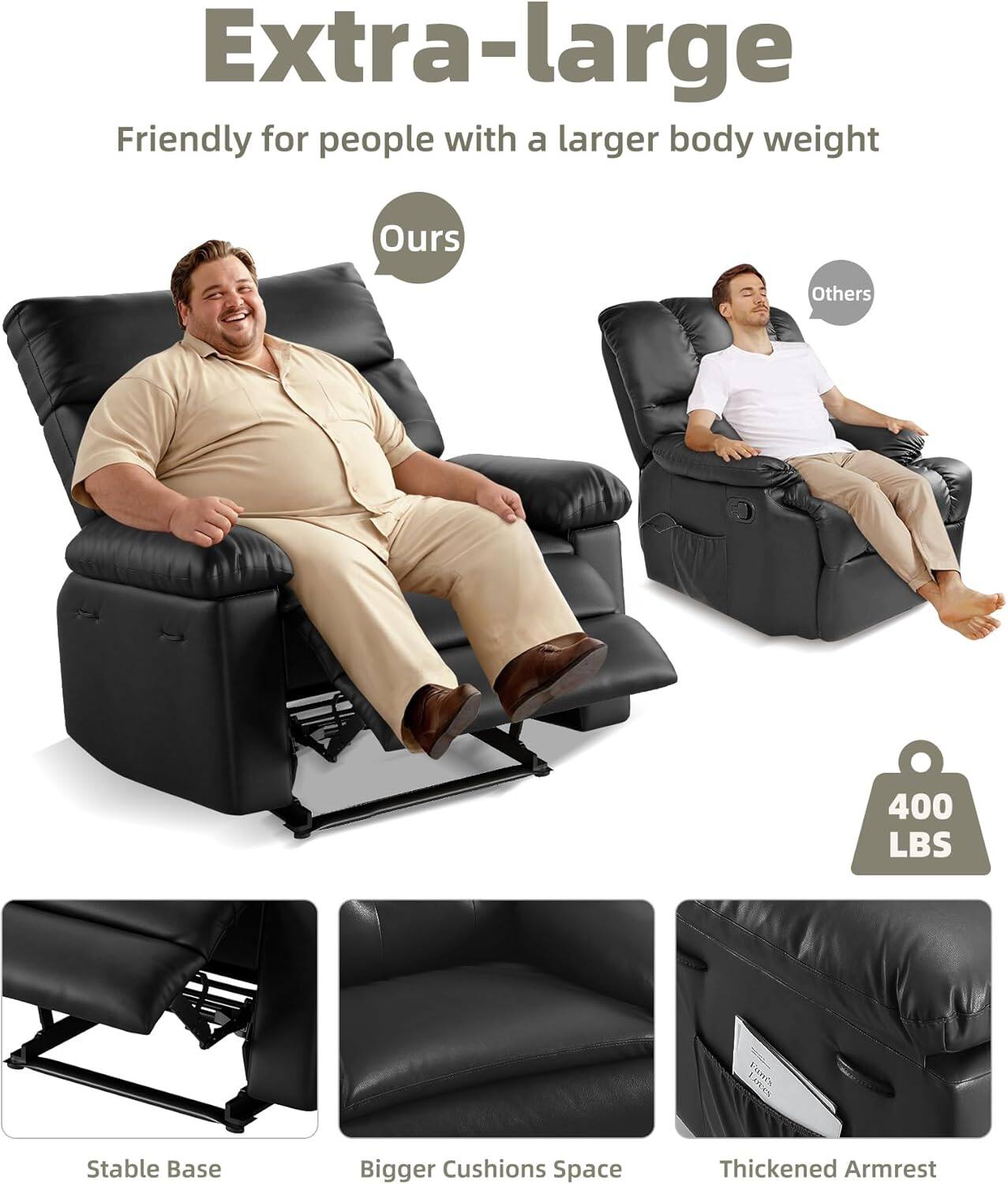 Extra-large  
Friendly for people with a larger body weight  

Ours  
Others  

400 LBS  

Stable Base  
Bigger Cushions Space  
Thickened Armrest