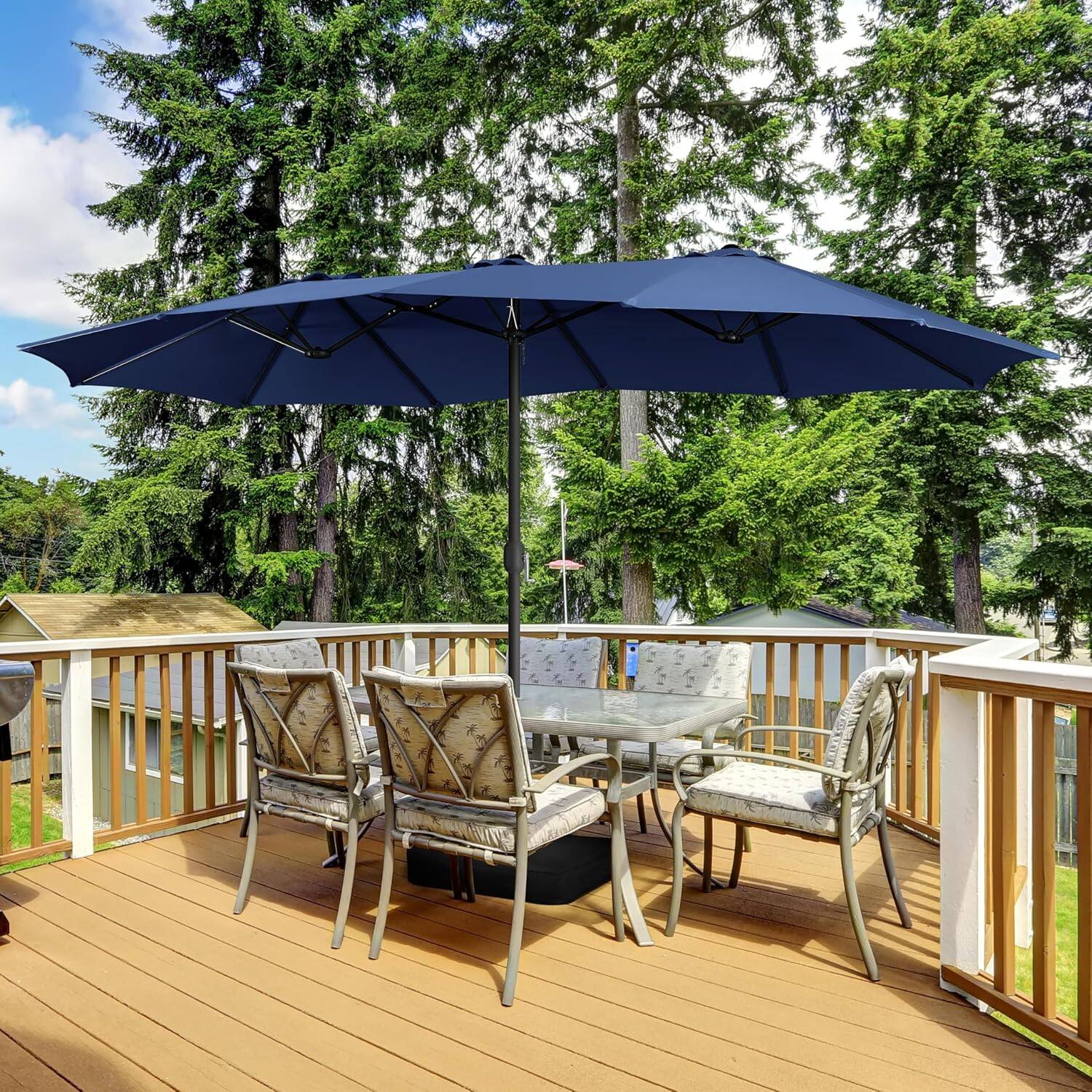 Angle. Yardgrace - 15ft Triple Patio Umbrella with Base Double Sided Easy Crank 12 Ribs Ventilation Openings - Blue.