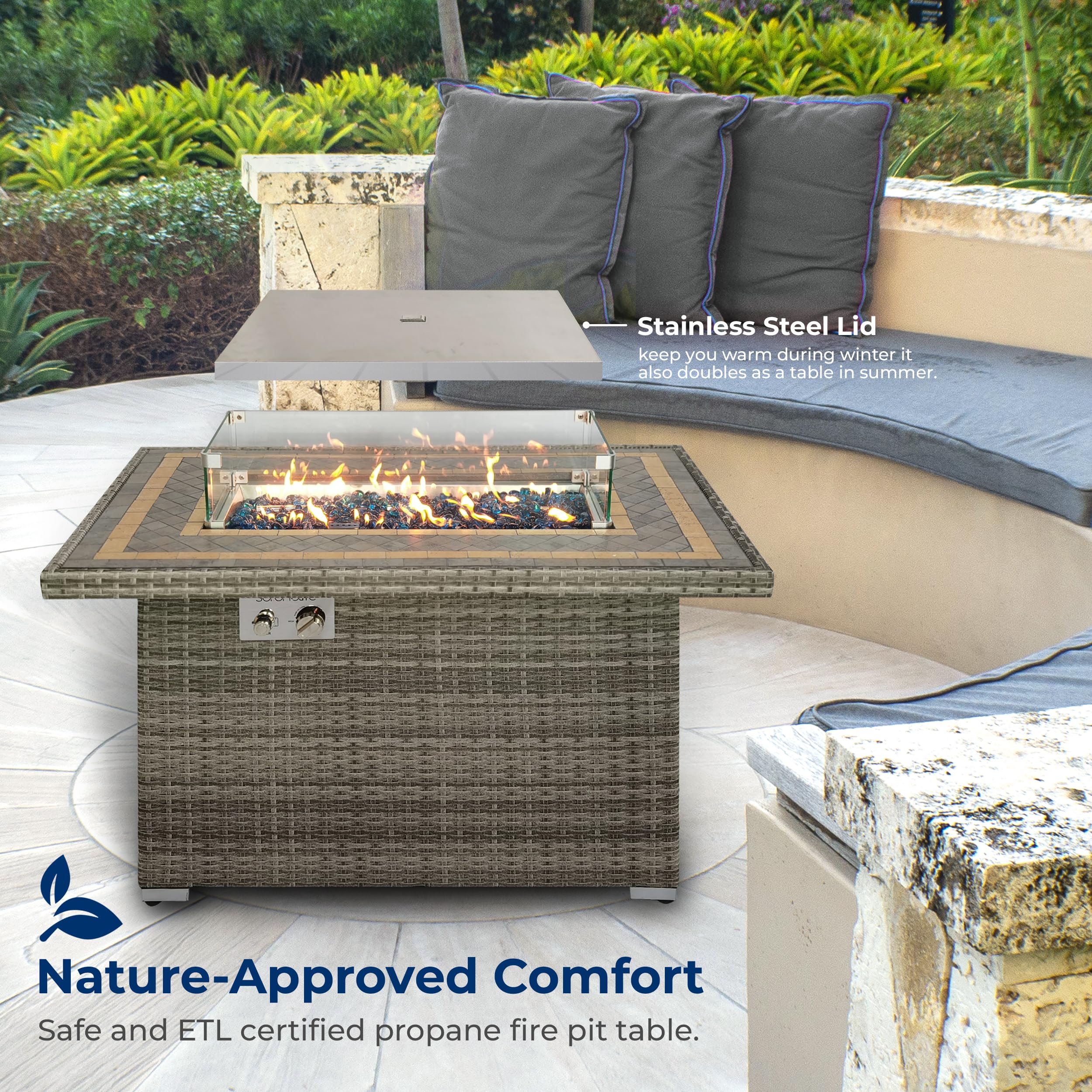 Stainless Steel Lid keeps you warm during winter and also doubles as a table in summer. Nature-Approved Comfort: Safe and ETL certified propane fire pit table.