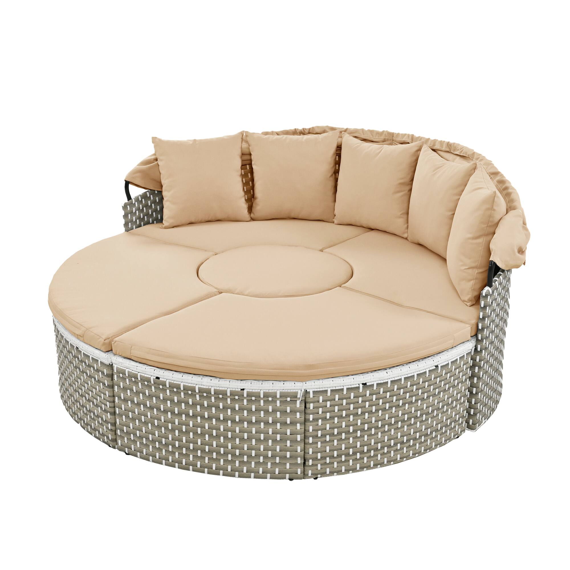 Alt View 7. Tiramisubest - Round Patio Sectional Rattan Daybed w/ Retractable Canopy,Two-Tone Weave,Separate Seating&Removable Cushion,Light Coffee - Light Coffee.