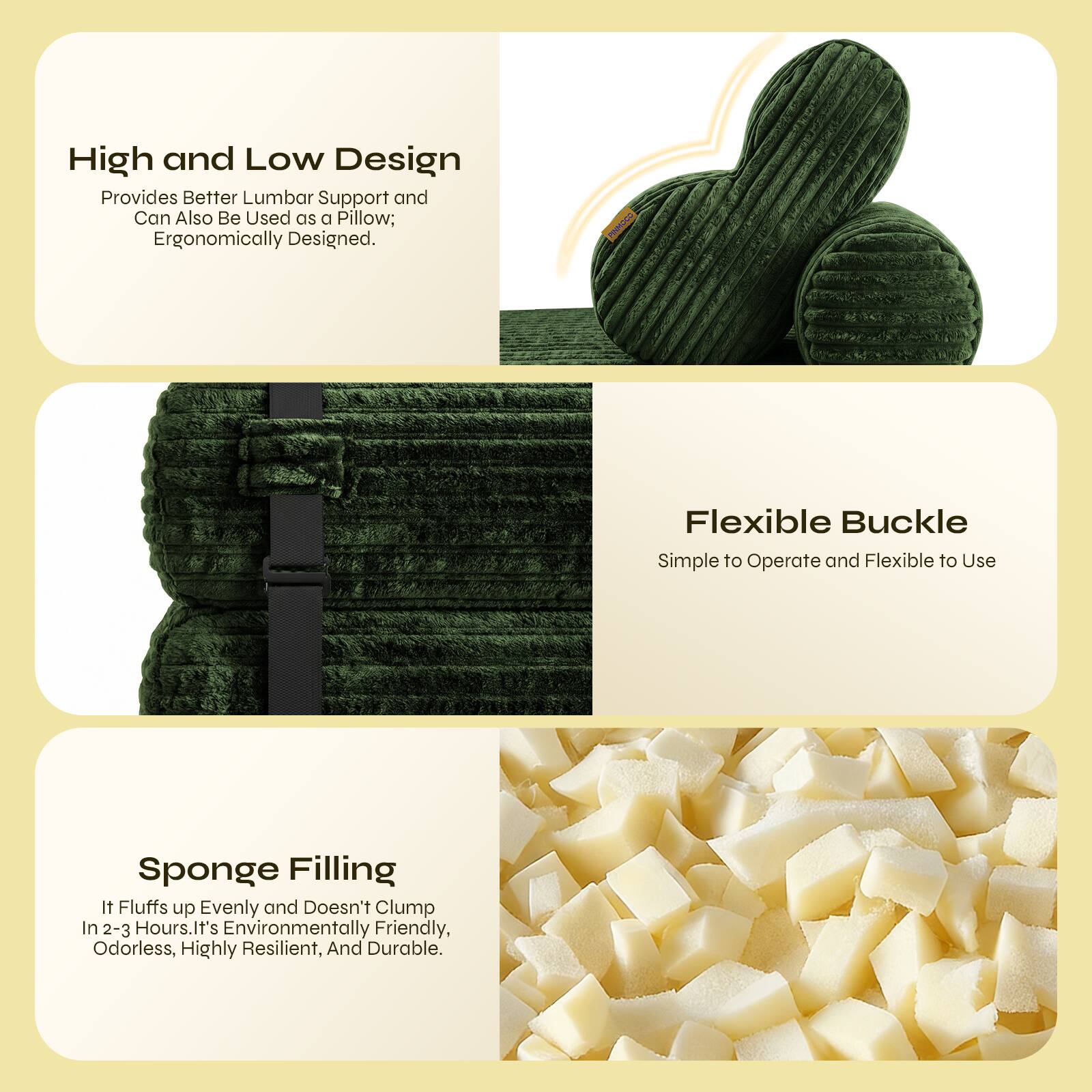 High and Low Design Provides Better Lumbar Support and Can Also Be Used as a Pillow; Ergonomically Designed. PHAGCO Flexible Buckle Simple to Operate and Flexible to Use Sponge Filling It Fluffs up Evenly and Doesn't Clump In 2-3 Hours. It's Environmentally Friendly, Odorless, Highly Resilient, And Durable.