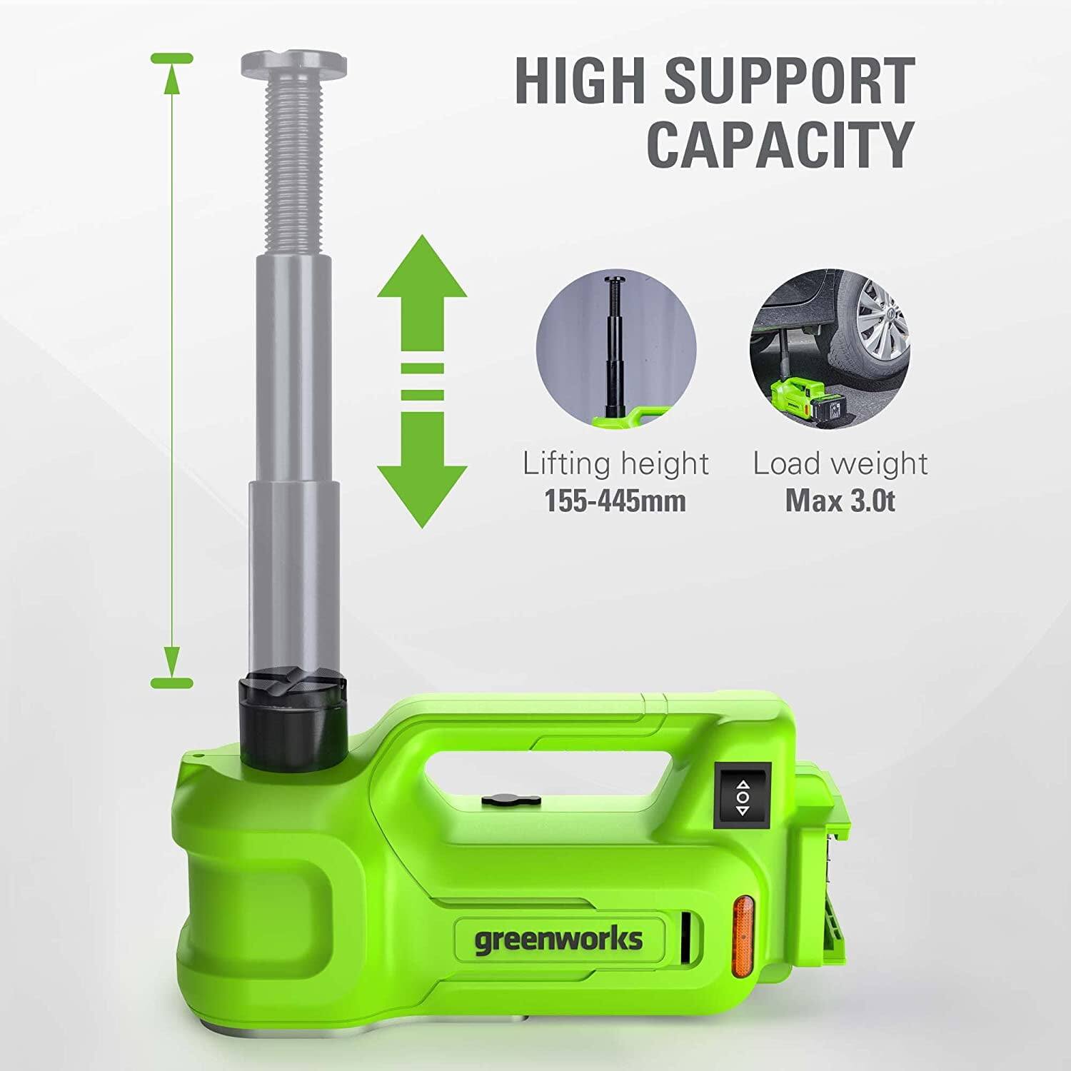 HIGH SUPPORT CAPACITY

Lifting height: 155-445mm

Load weight: Max 3.0t

greenworks
