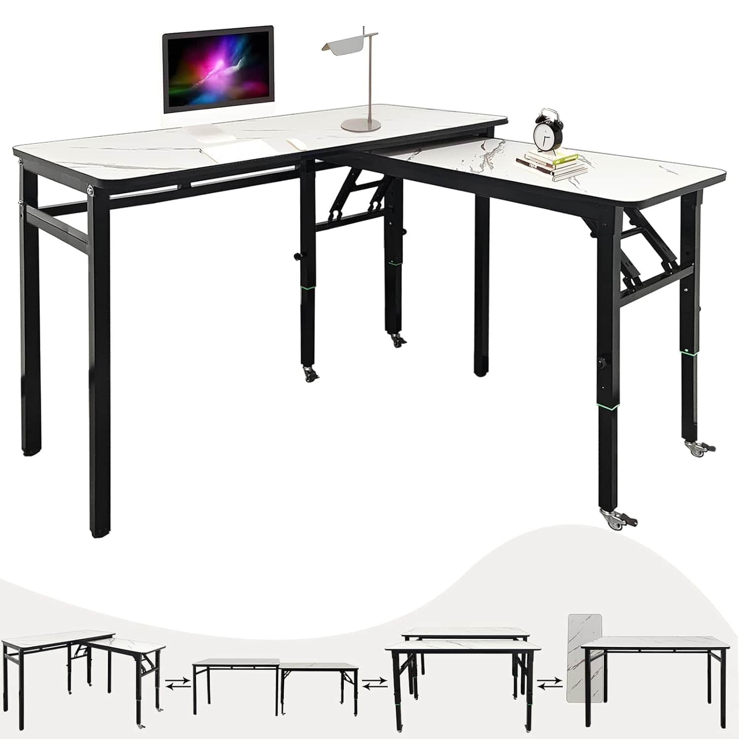 Zell Electronics - Desk Set of 2Adjustable Height with Locking Casters for Home or Multi-Room Use - White