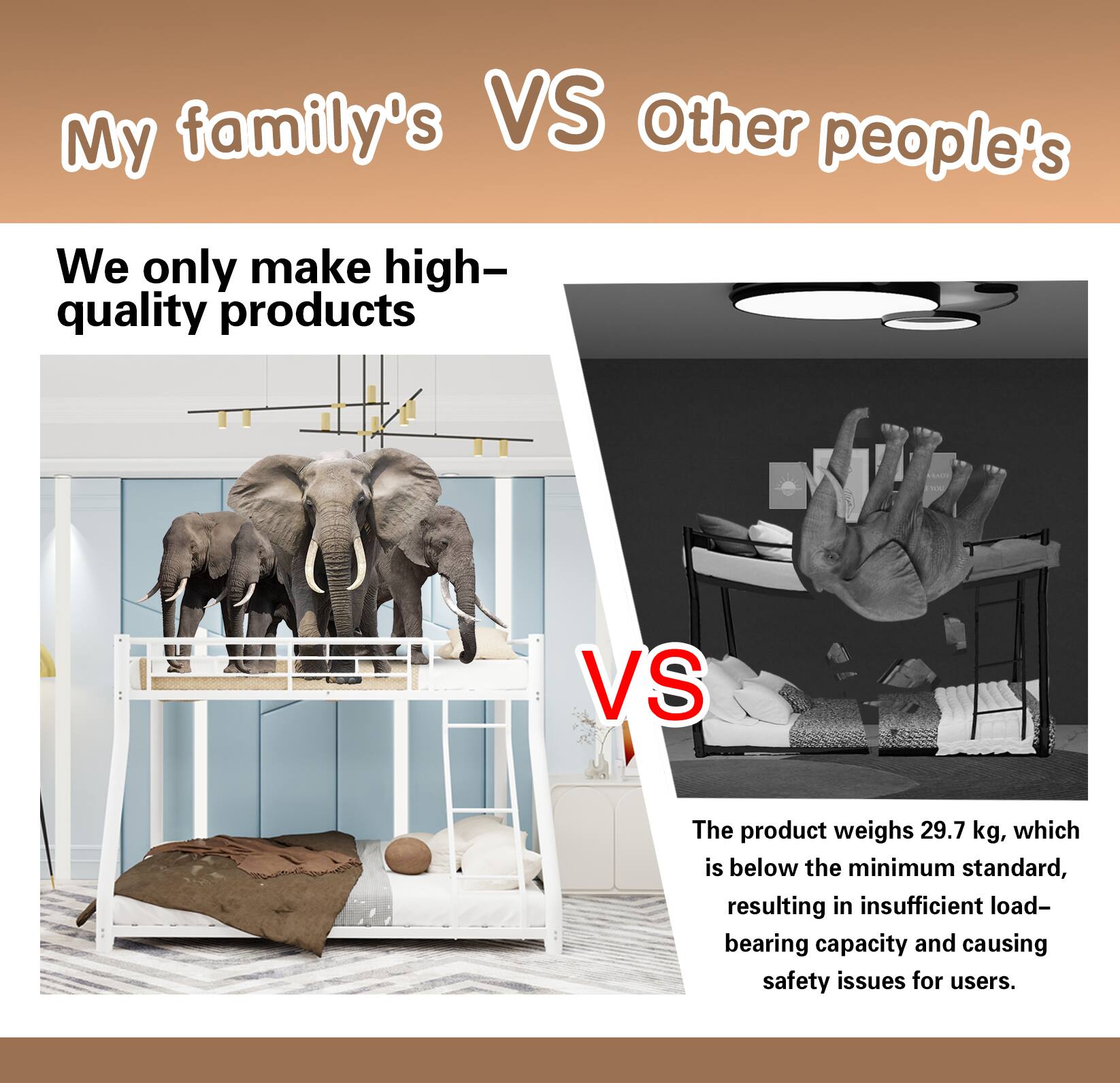 My family's VS Other people's

We only make high-quality products

VS

The product weighs 29.7 kg, which is below the minimum standard, resulting in insufficient load-bearing capacity and causing safety issues for users.