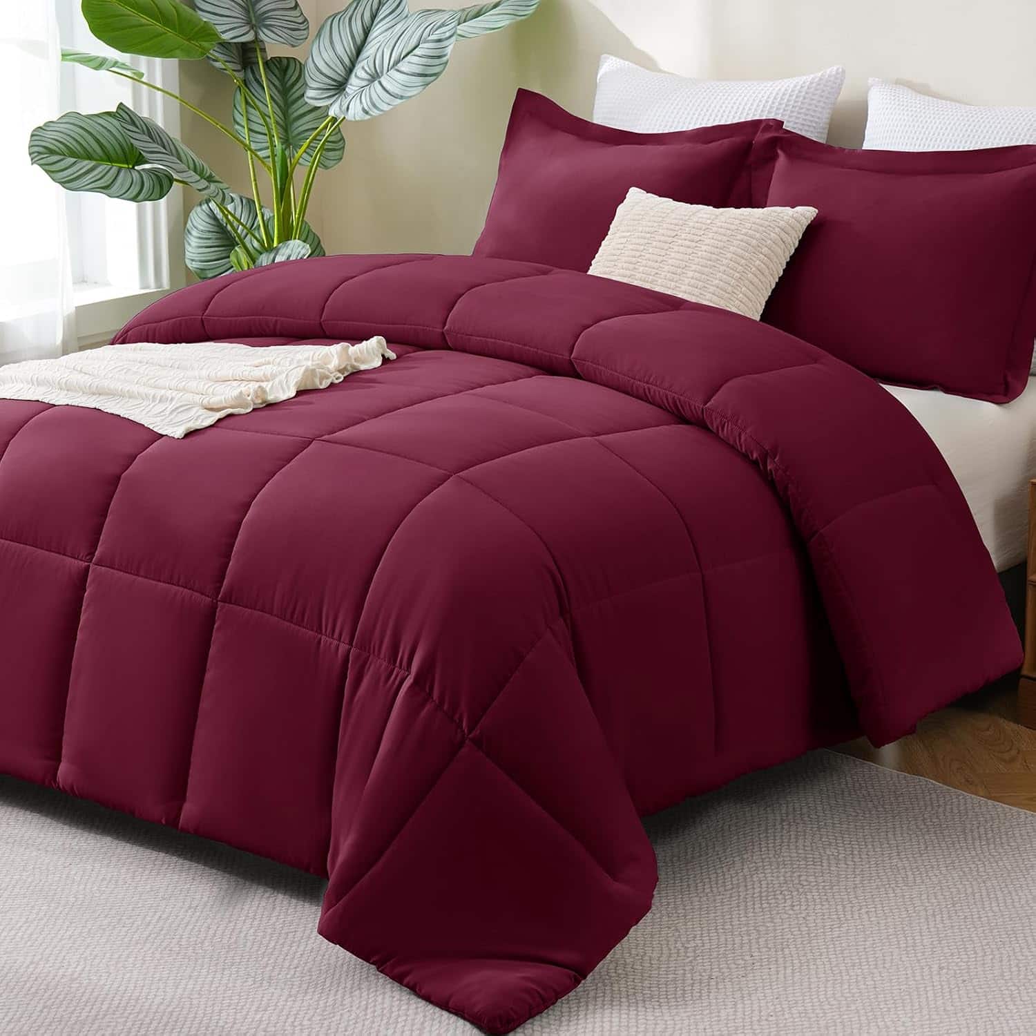 FINEAK - Queen Comforter Set-Soft, All-Season, 3-Piece Comfort - Burgundy